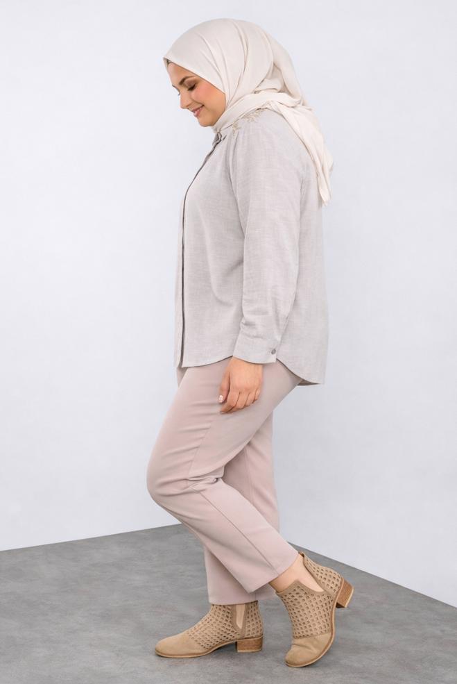 Hijab clothing BEIGE EMBELLISHED COTTON BLOUSE 20048  - ALVİNA