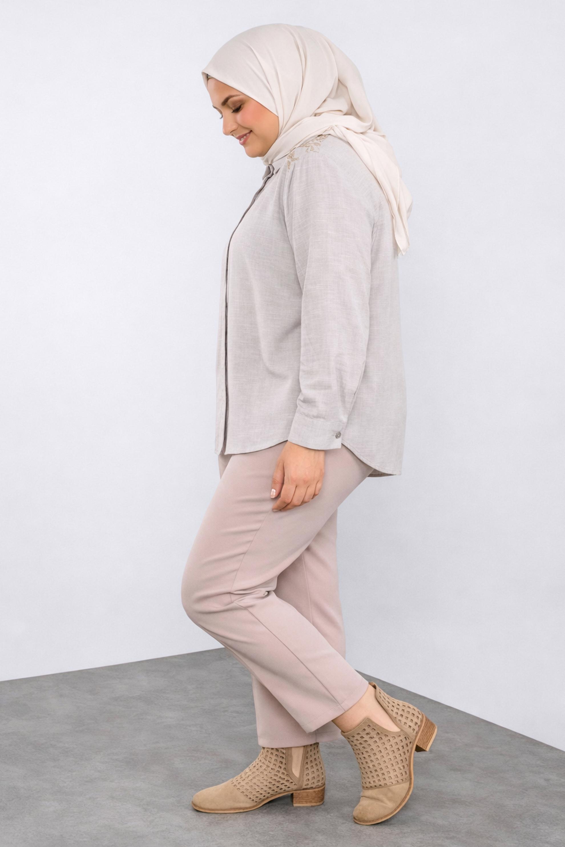 Tesettür giyim BEJ PAMUKLU NAKIŞLI BLUZ 20048 