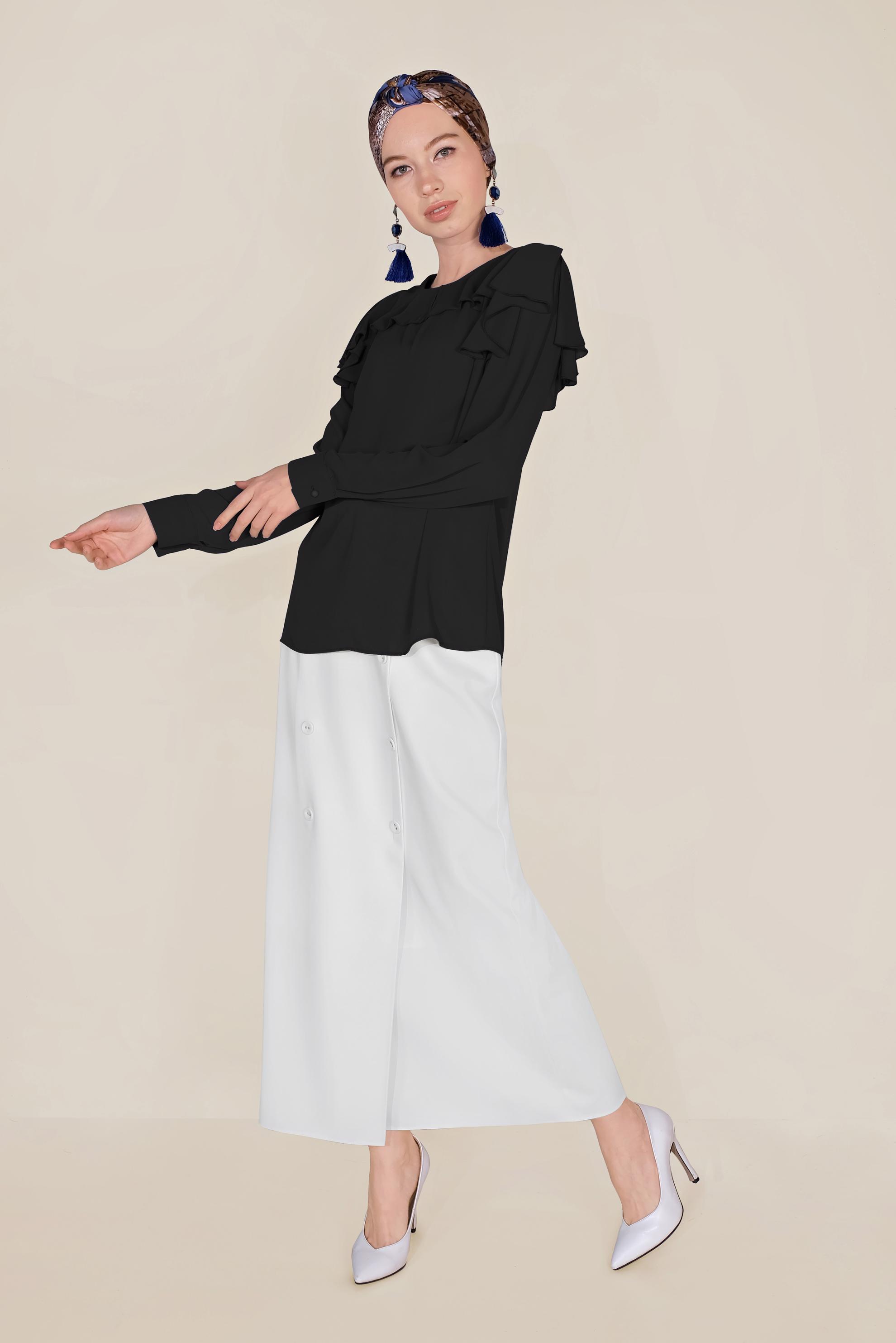 Tesettür giyim SİYAH VOLANLI ŞİFON BLUZ 40539