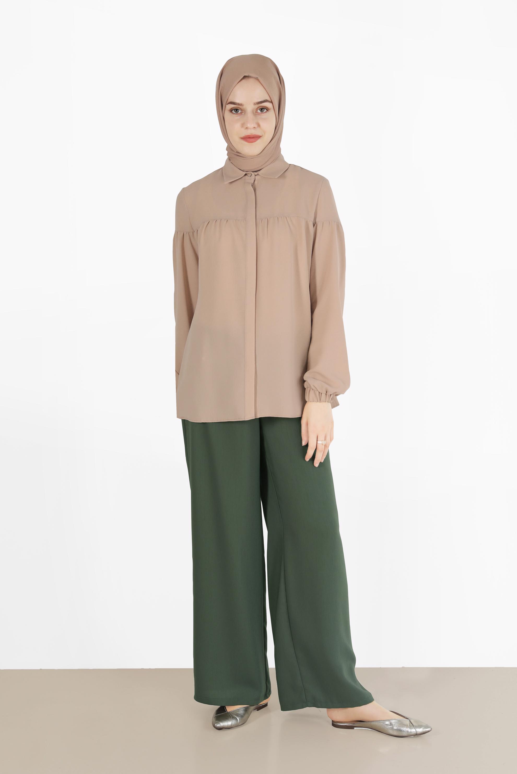 Tesettür giyim BEJ MANŞETLERİ LASTİKLİ  BLUZ 40754 