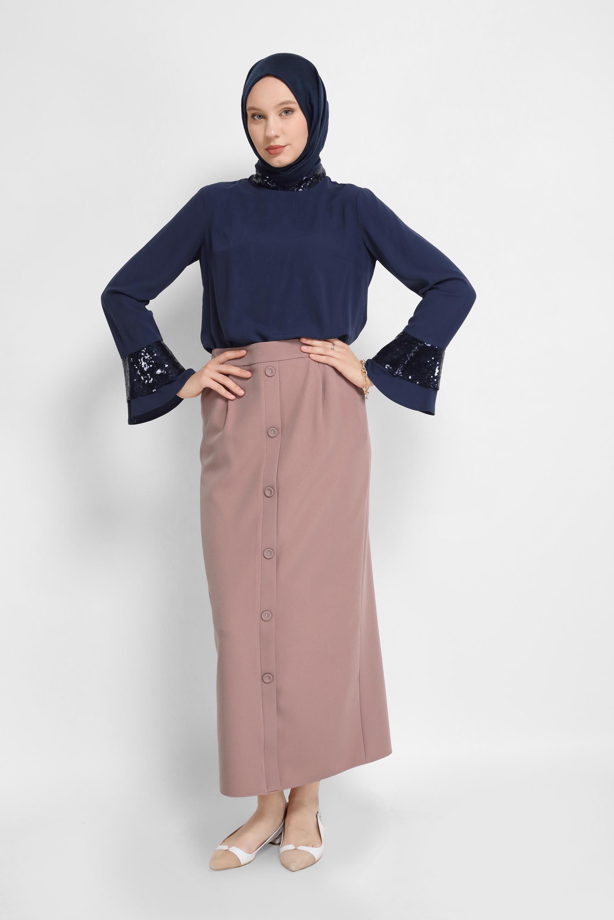 Tesettür giyim LACİVERT PUL PAYET DETAYLI GENİŞ KOL BLUZ  40860 