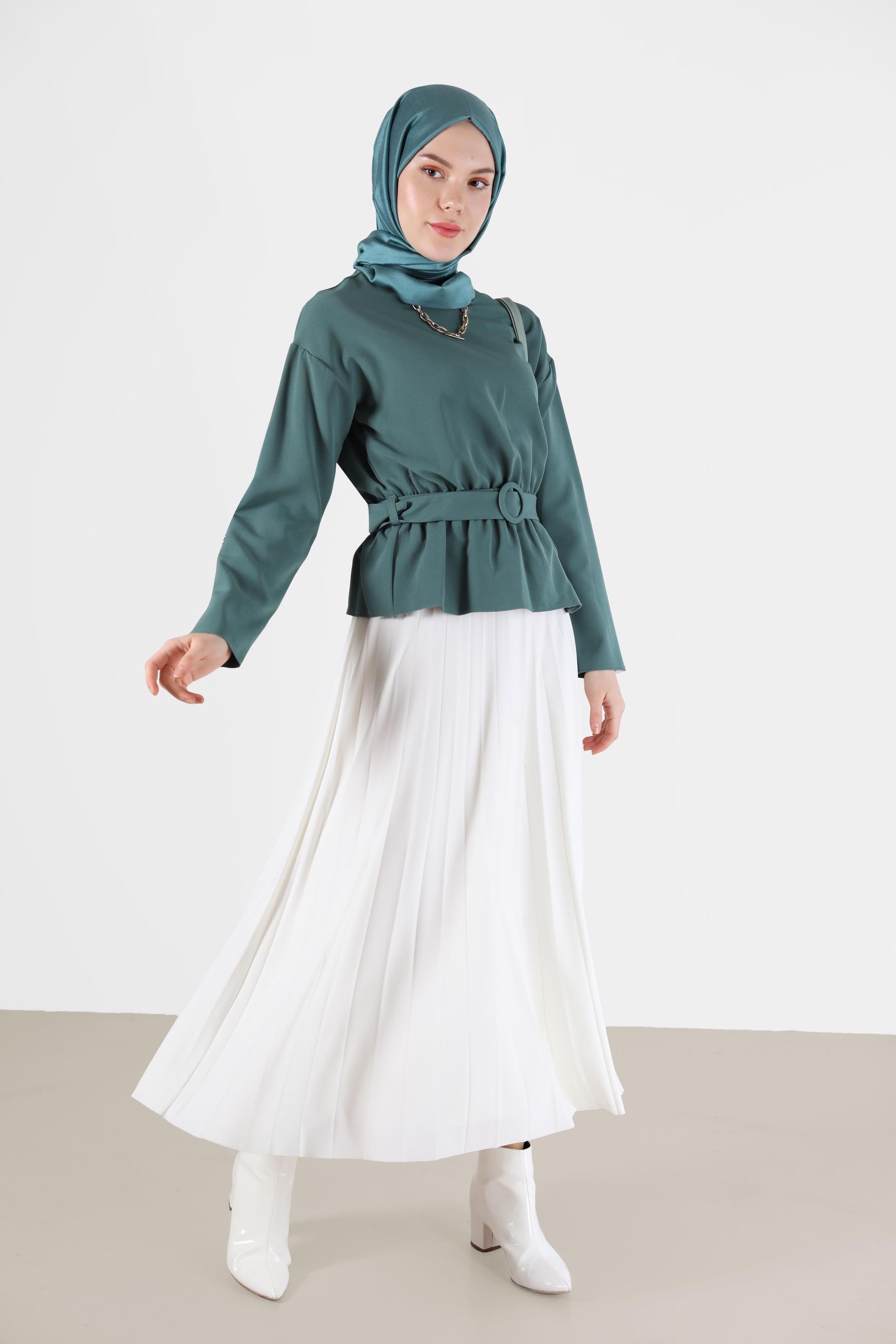 Tesettür giyim YEŞİL BELİ KUŞAKLI BLUZ 40891 
