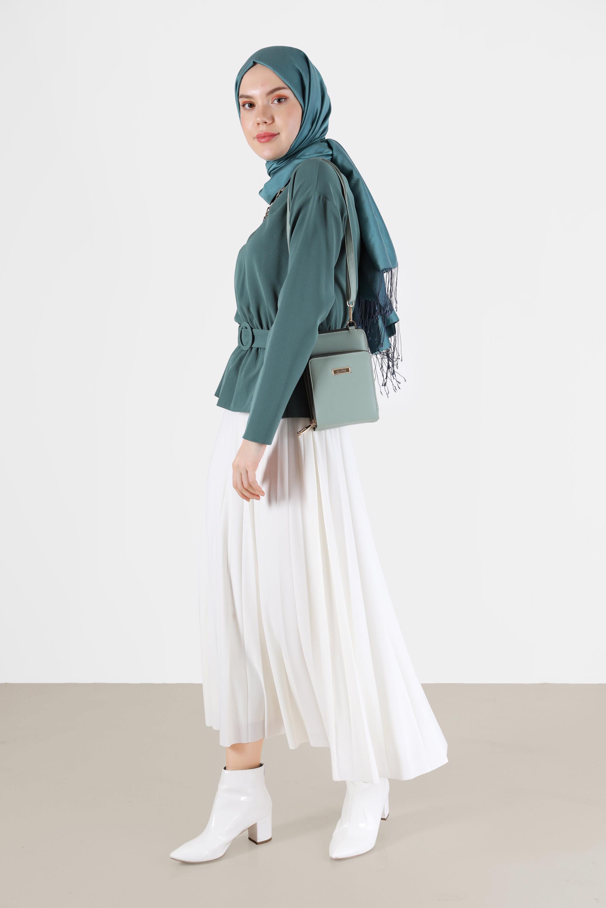 Tesettür giyim YEŞİL BELİ KUŞAKLI BLUZ 40891 