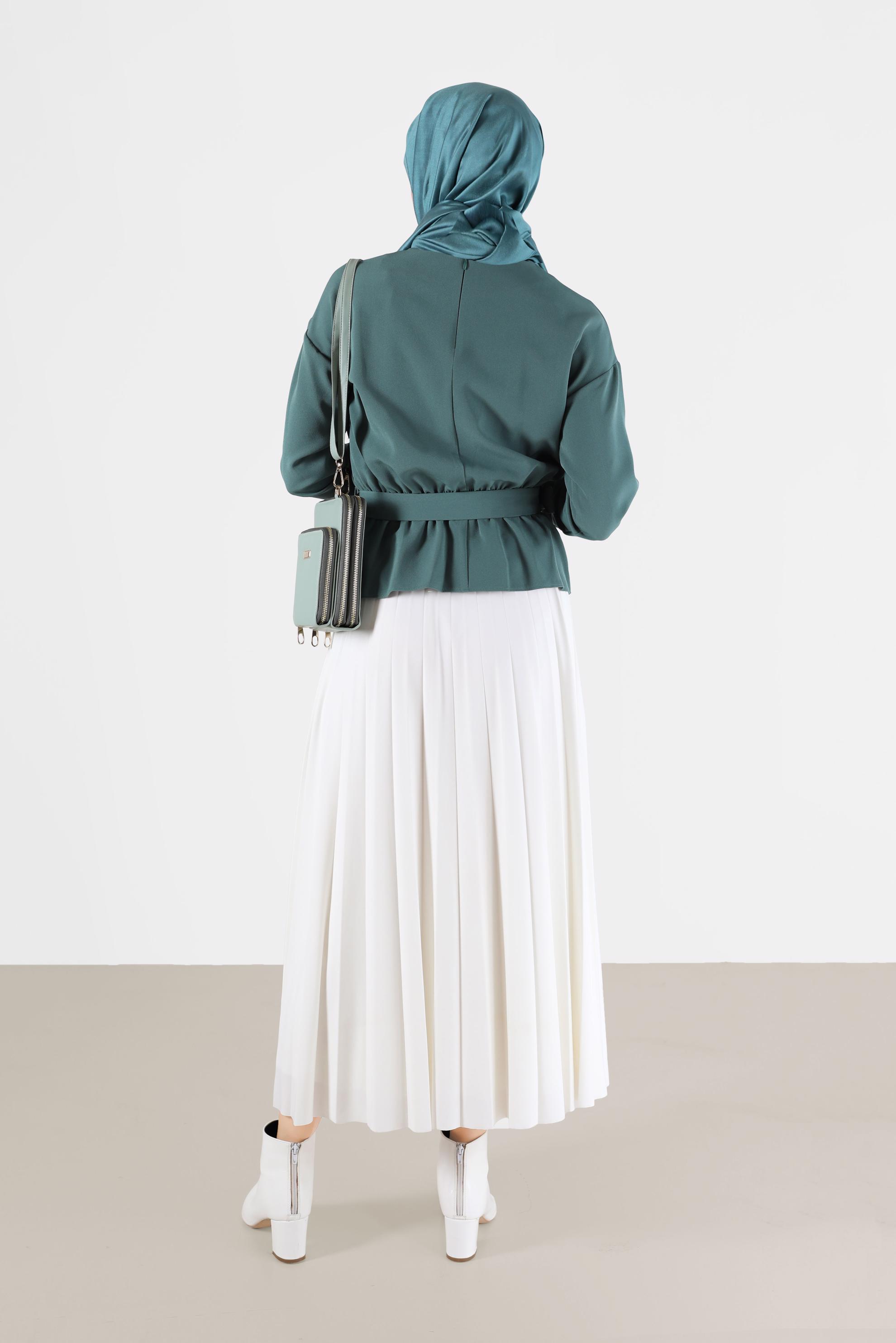 Tesettür giyim YEŞİL BELİ KUŞAKLI BLUZ 40891 