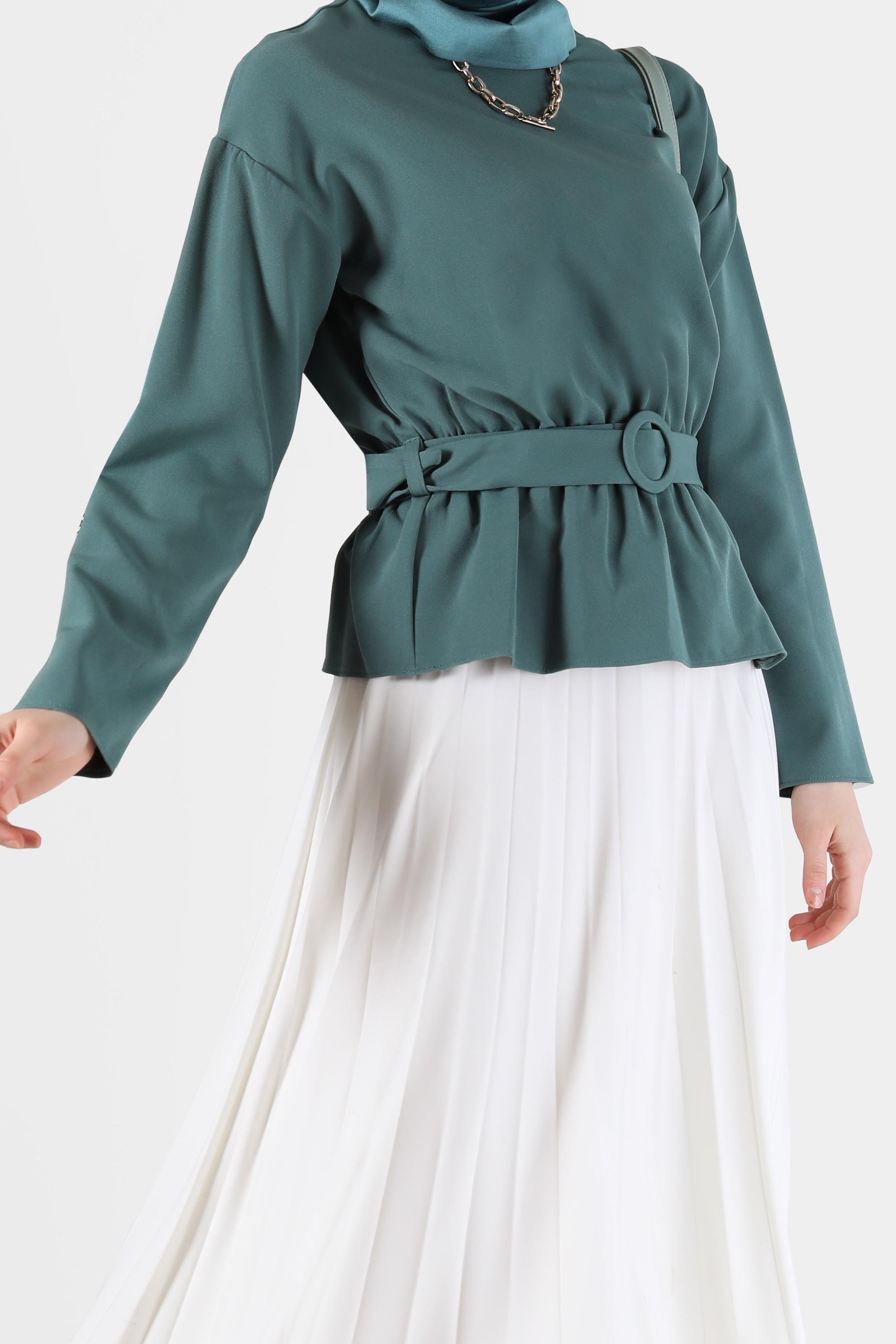 Tesettür giyim YEŞİL BELİ KUŞAKLI BLUZ 40891 