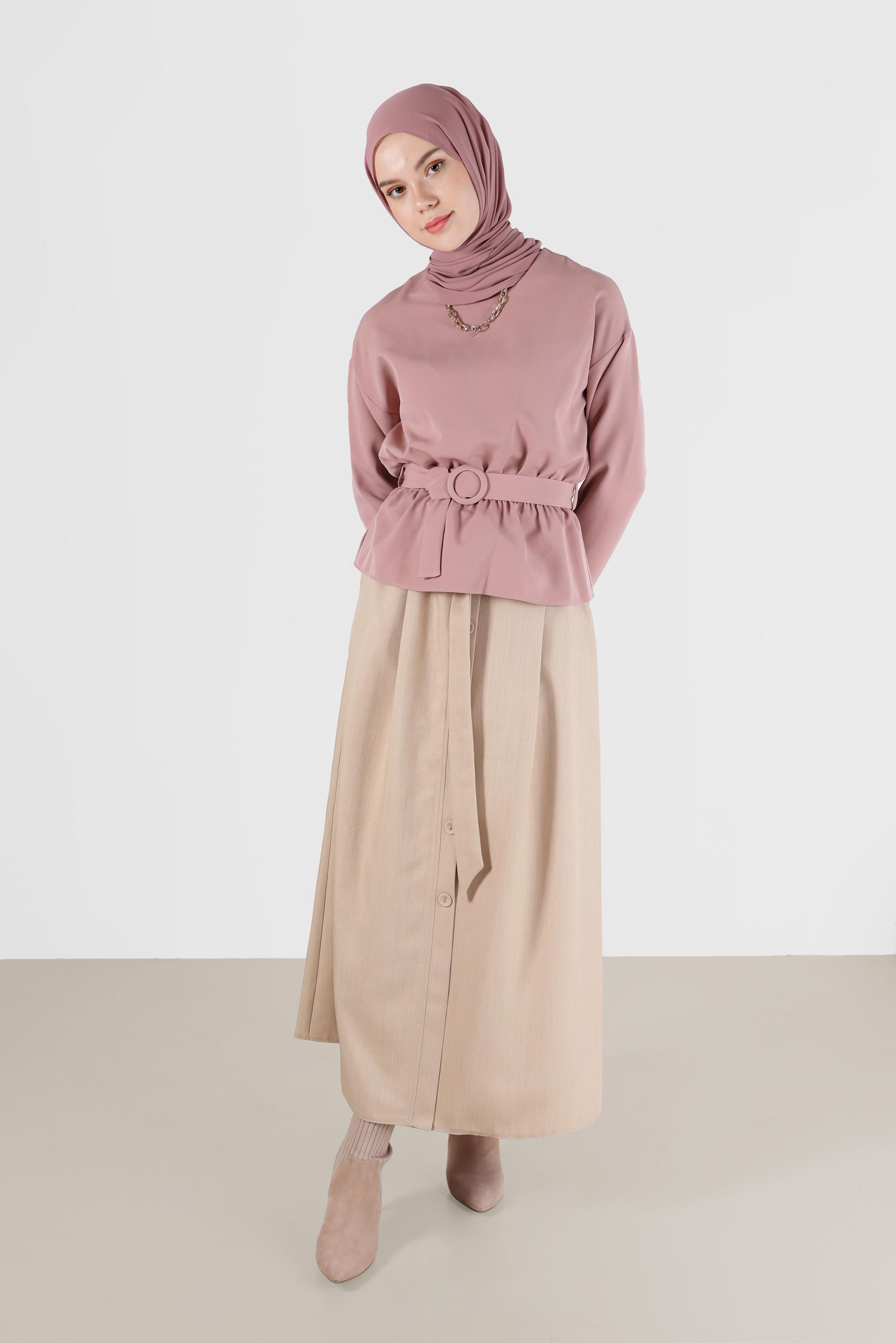 Tesettür giyim PUDRA BELİ KUŞAKLI BLUZ 40891 