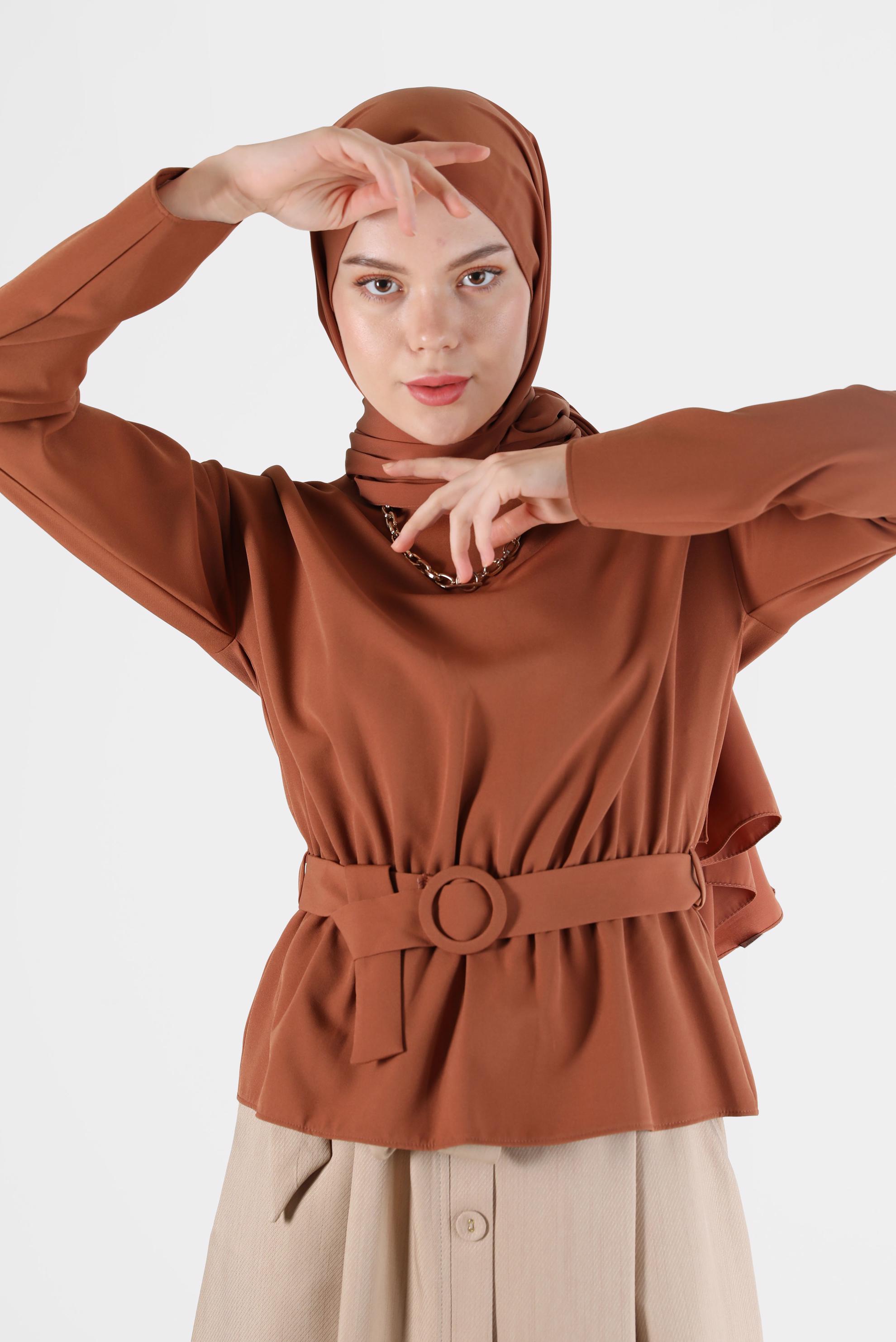 Tesettür giyim TABA BELİ KUŞAKLI BLUZ 40891 