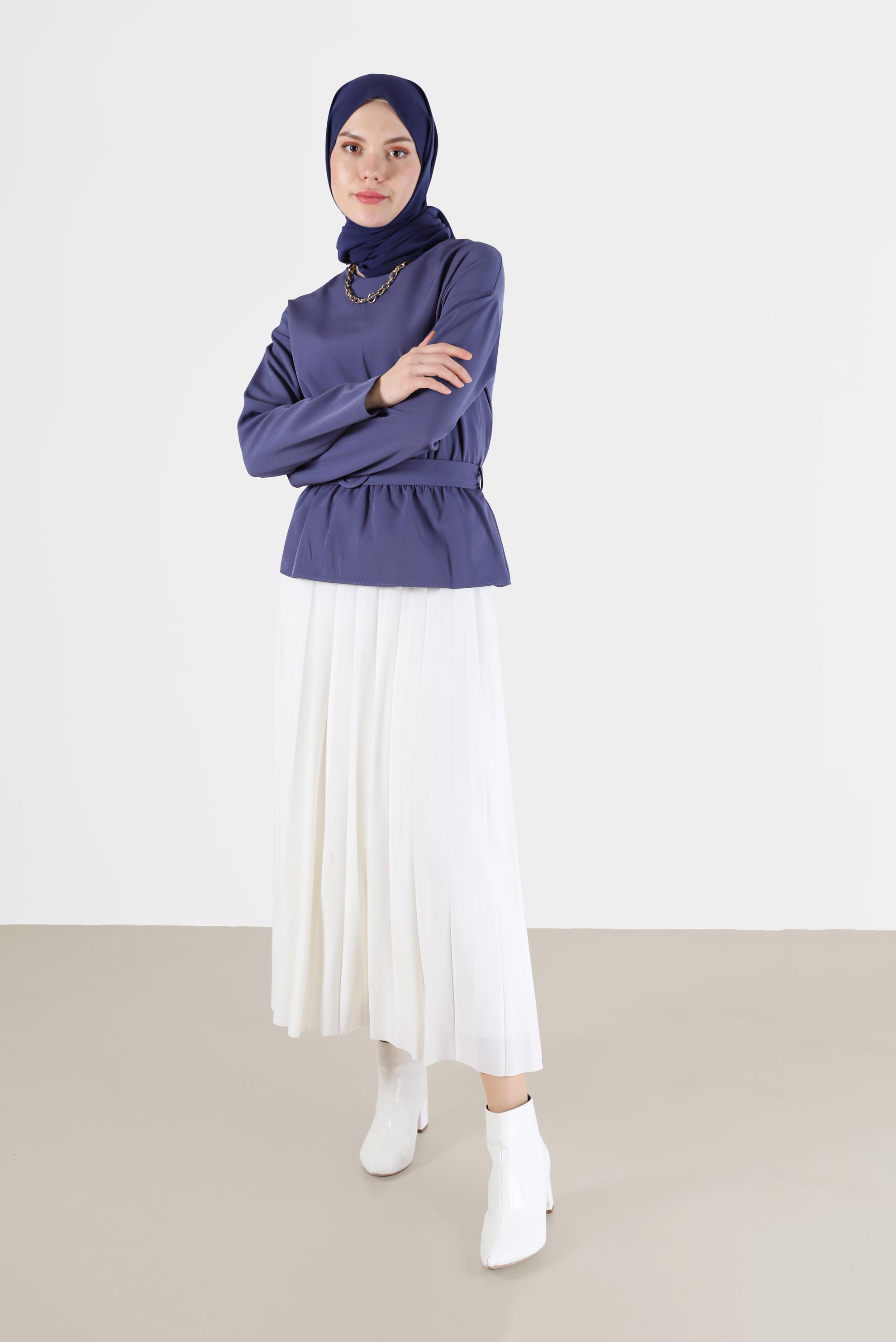 Tesettür giyim LACİVERT BELİ KUŞAKLI BLUZ 40891 