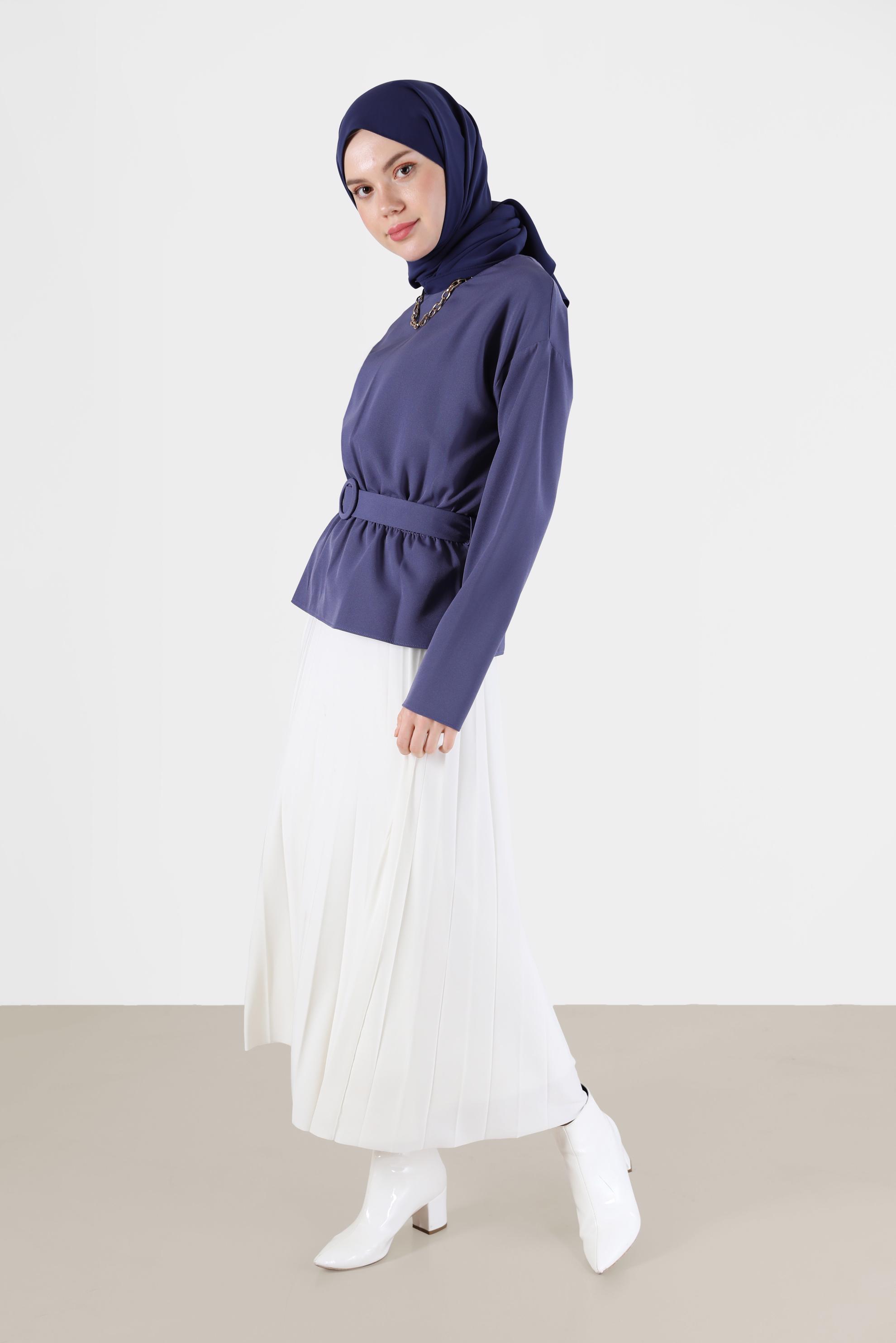 Tesettür giyim LACİVERT BELİ KUŞAKLI BLUZ 40891 