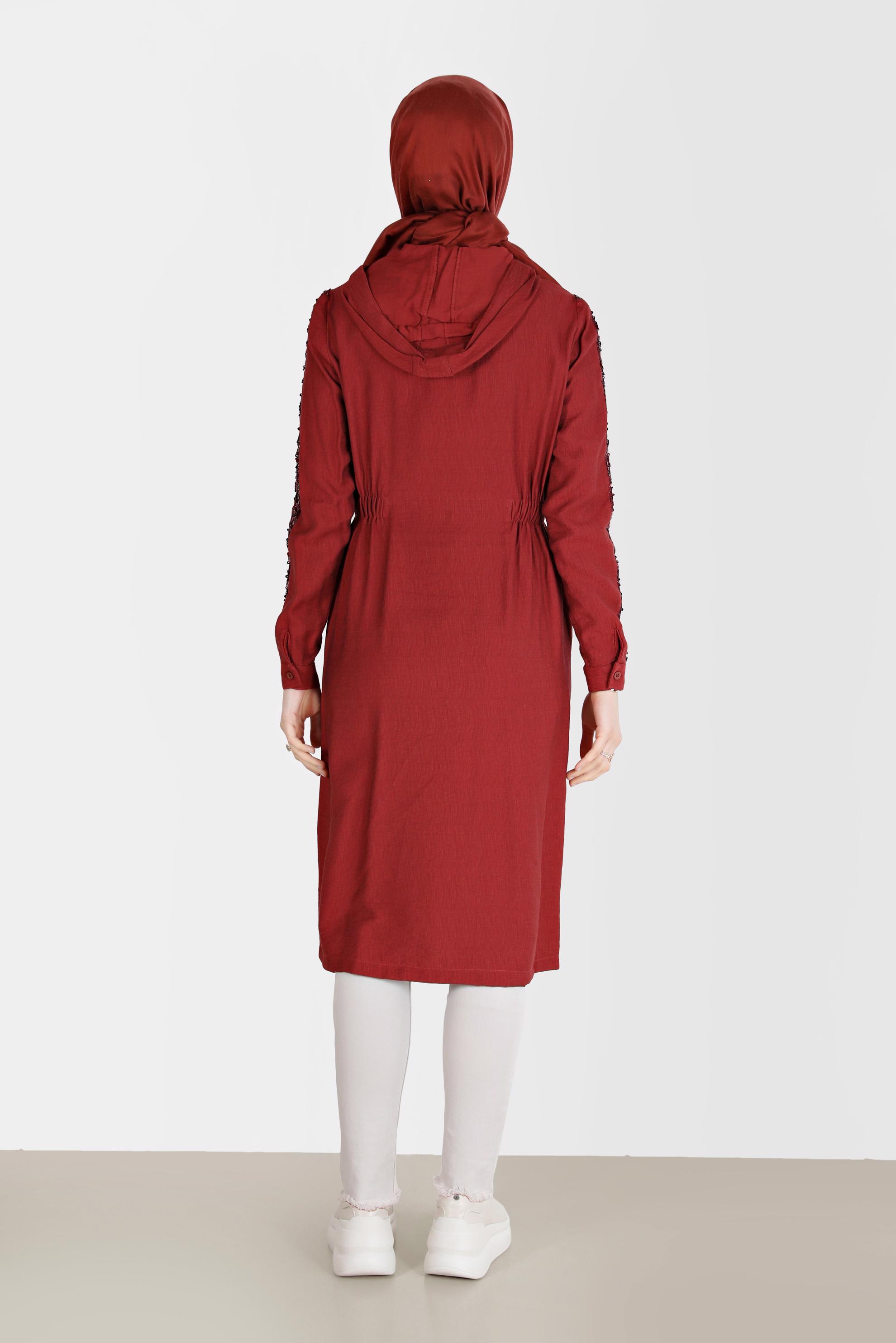 Tesettür giyim BORDO PUL PAYET KOL DETAYLI KAPÜŞONLU GİY ÇIK 40641 