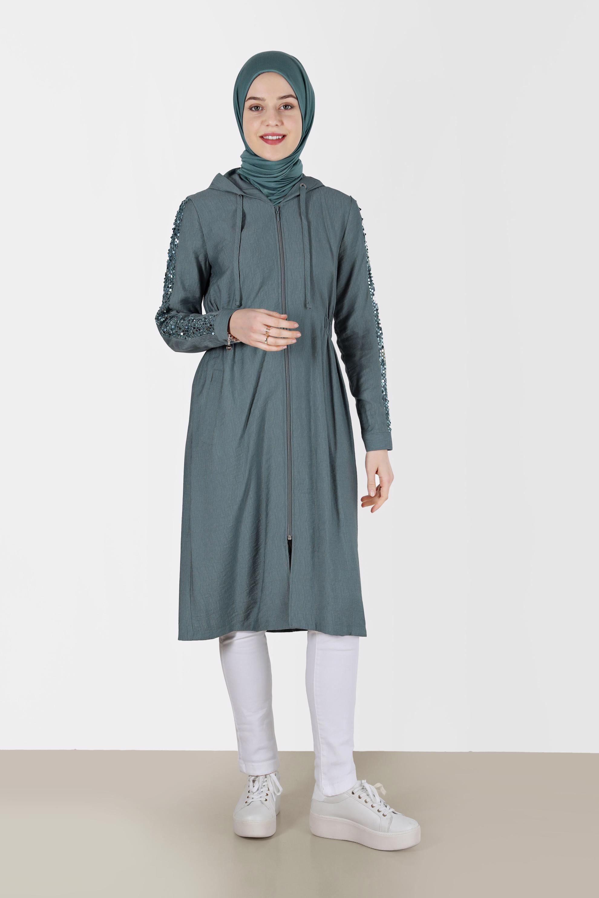 Tesettür giyim YEŞİL PUL PAYET KOL DETAYLI KAPÜŞONLU GİY ÇIK 40641 