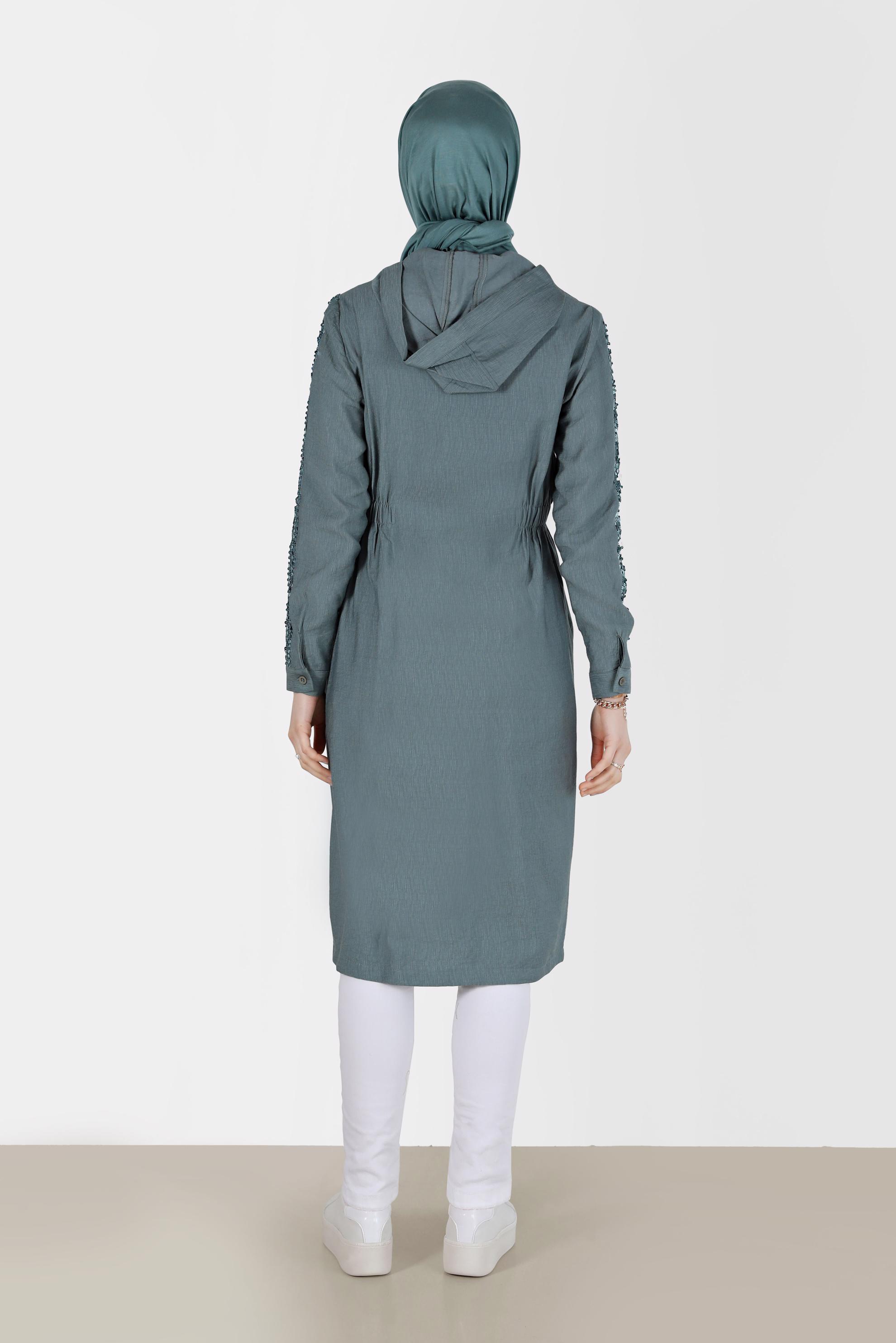 Tesettür giyim YEŞİL PUL PAYET KOL DETAYLI KAPÜŞONLU GİY ÇIK 40641 