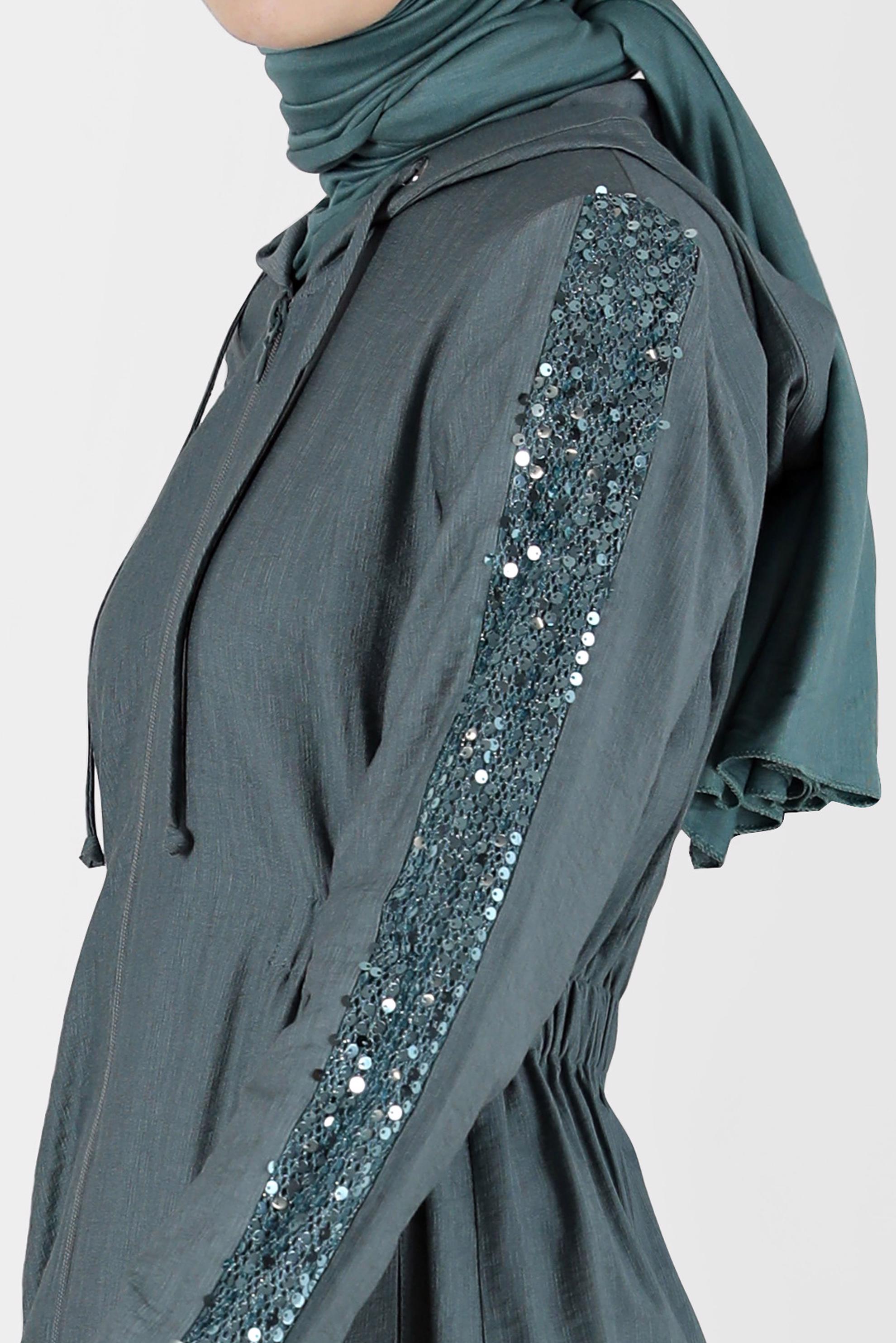 Tesettür giyim YEŞİL PUL PAYET KOL DETAYLI KAPÜŞONLU GİY ÇIK 40641 