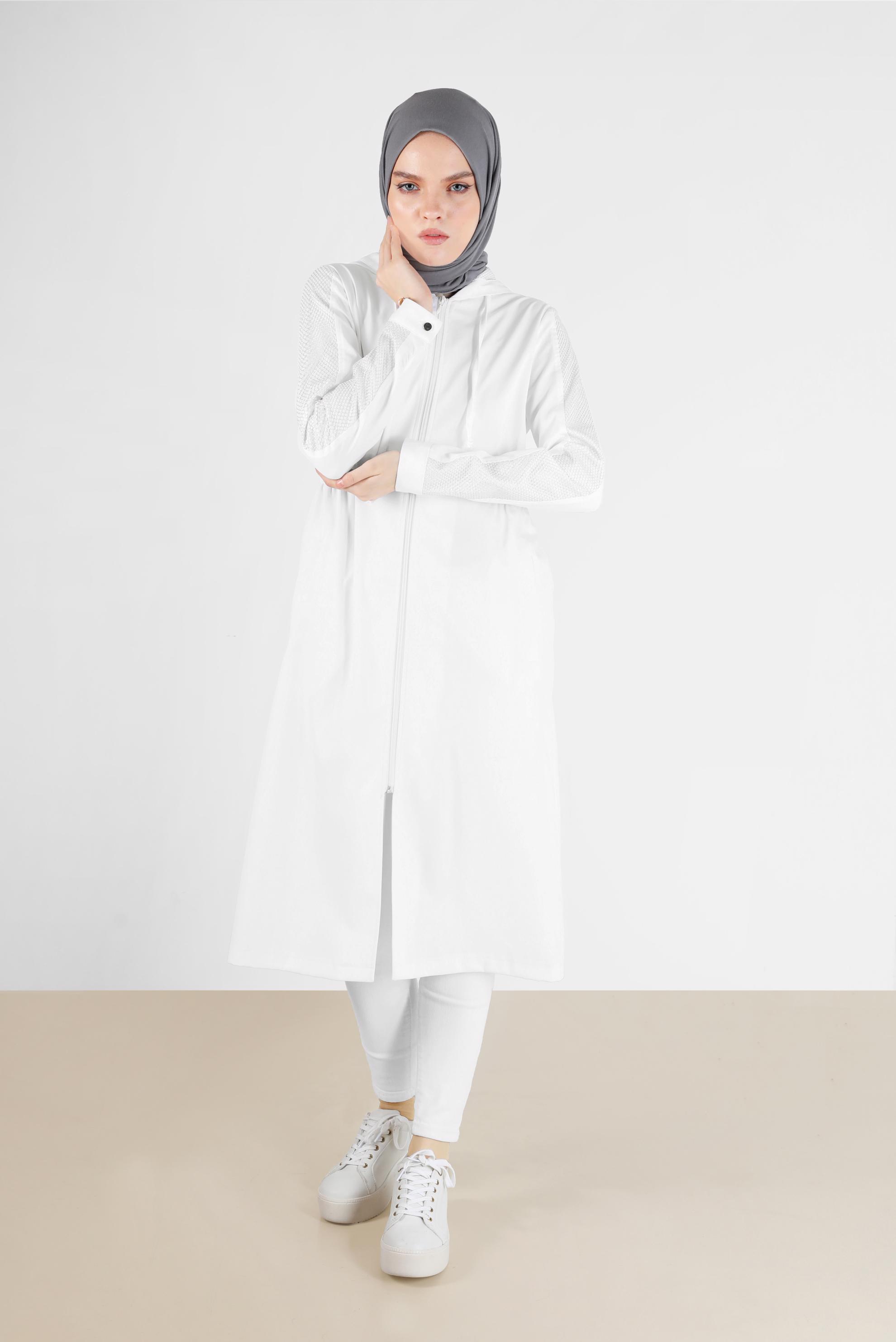 Tesettür giyim BEYAZ FİLE DETAYLI KAPÜŞONLU GİY ÇIK 40666