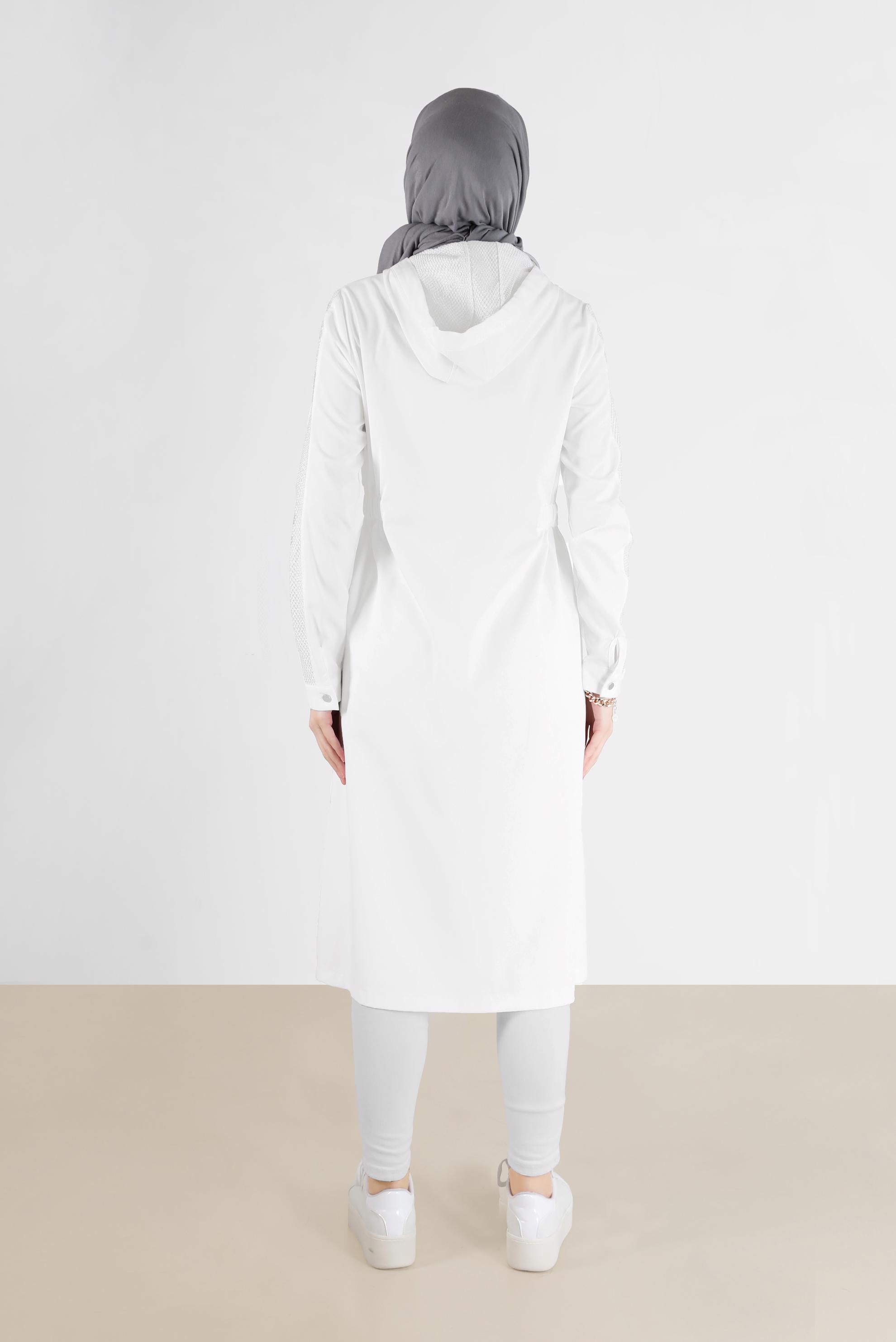 Tesettür giyim BEYAZ FİLE DETAYLI KAPÜŞONLU GİY ÇIK 40666