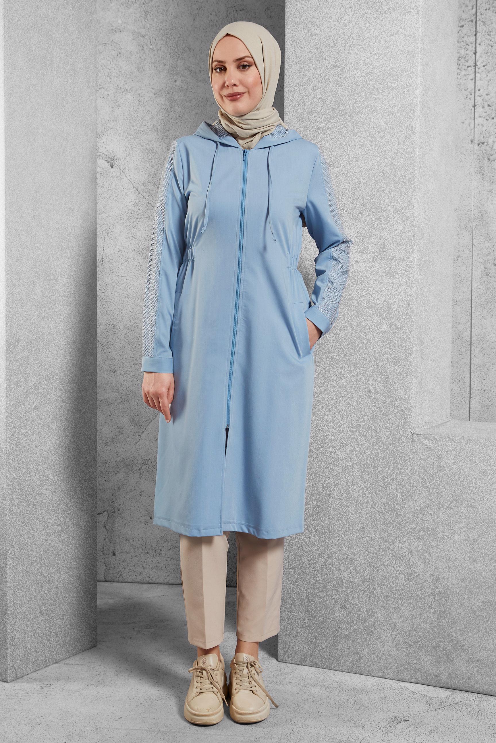 Tesettür giyim MAVİ FİLE DETAYLI KAPÜŞONLU GİY ÇIK 40666