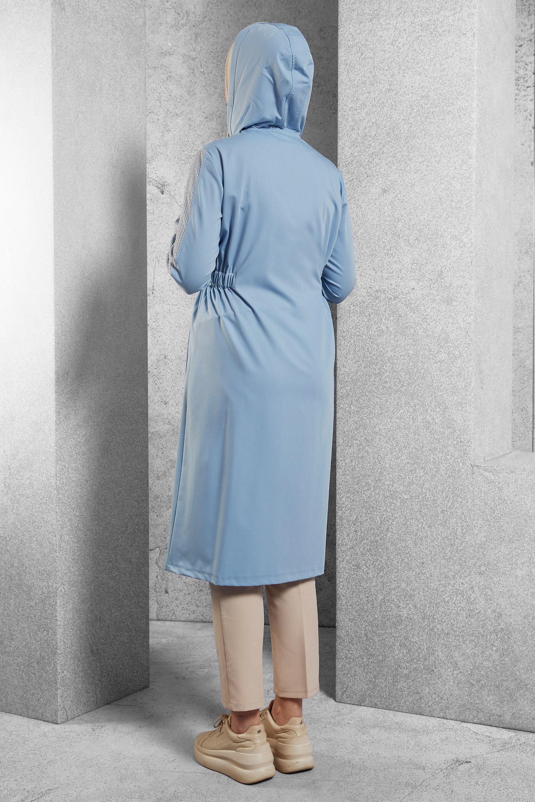 Tesettür giyim MAVİ FİLE DETAYLI KAPÜŞONLU GİY ÇIK 40666