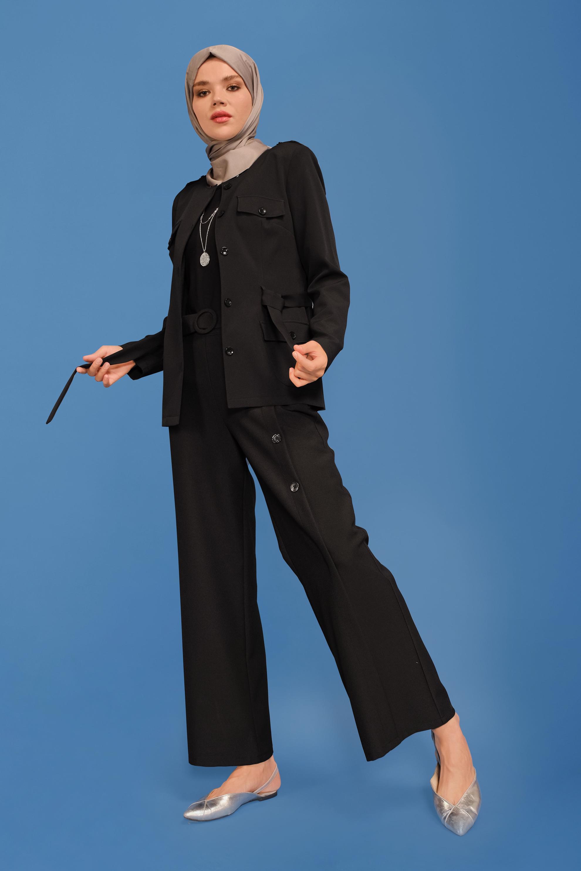 Tesettür giyim SİYAH YUVARLAK YAKA KUŞAKLI CEKET 40762	