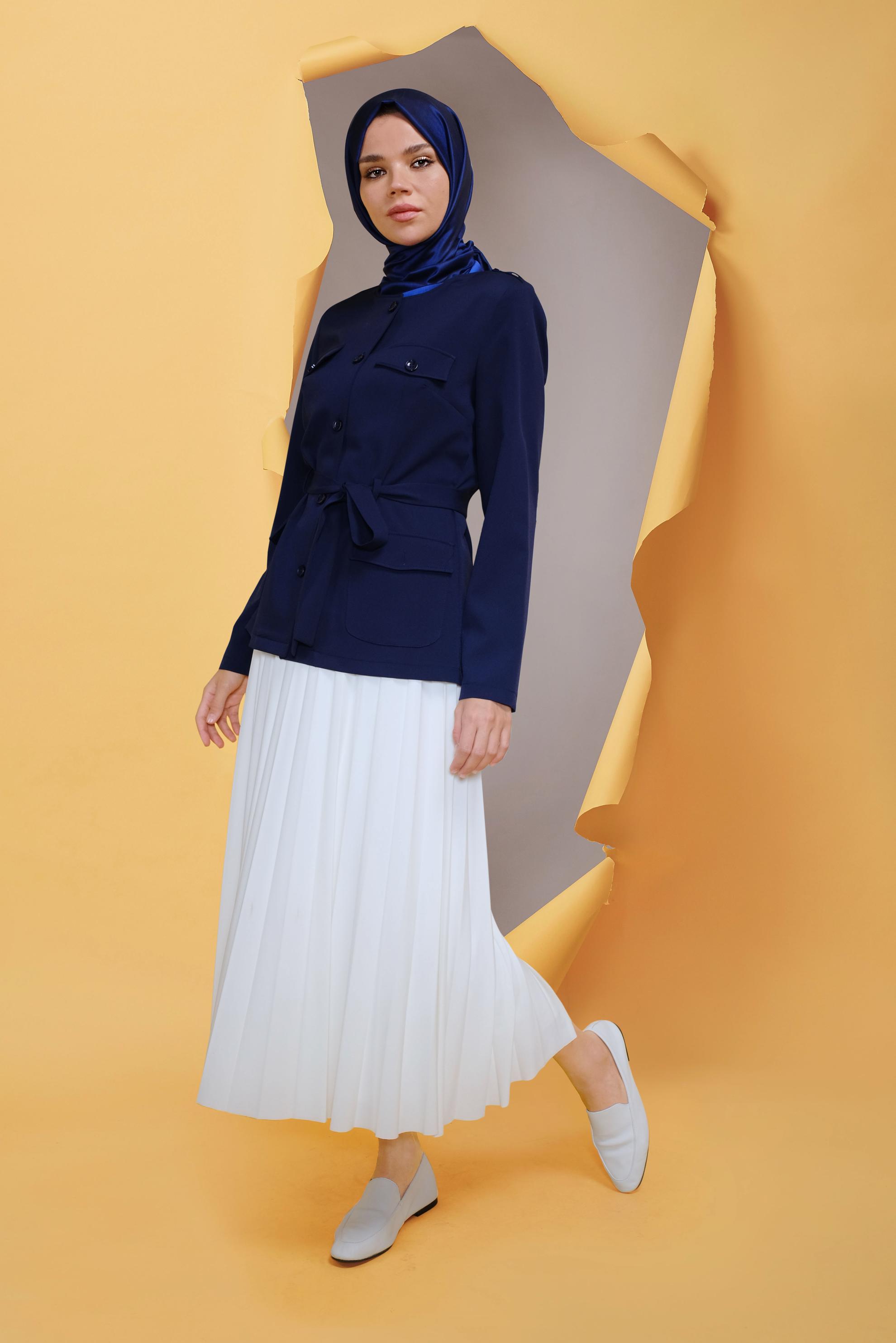 Tesettür giyim LACİVERT YUVARLAK YAKA KUŞAKLI CEKET 40762	