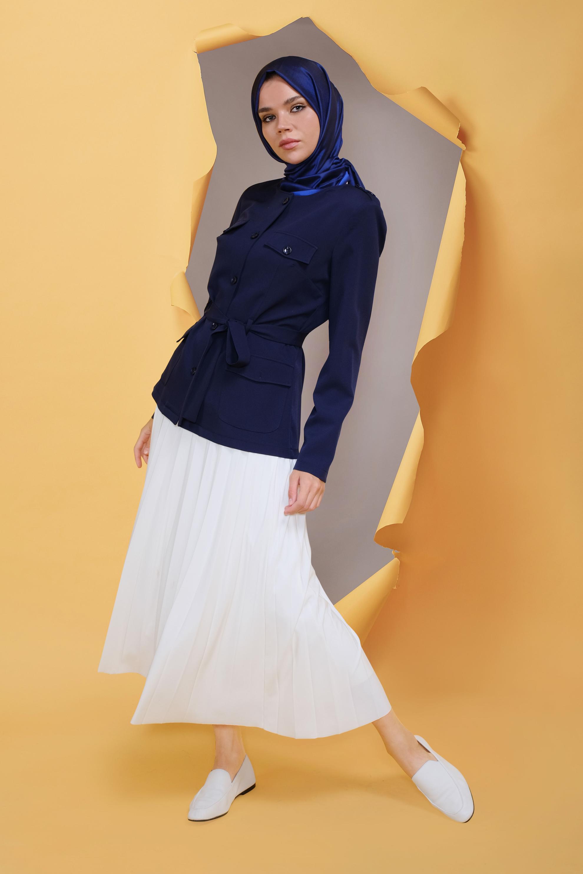 Tesettür giyim LACİVERT YUVARLAK YAKA KUŞAKLI CEKET 40762	