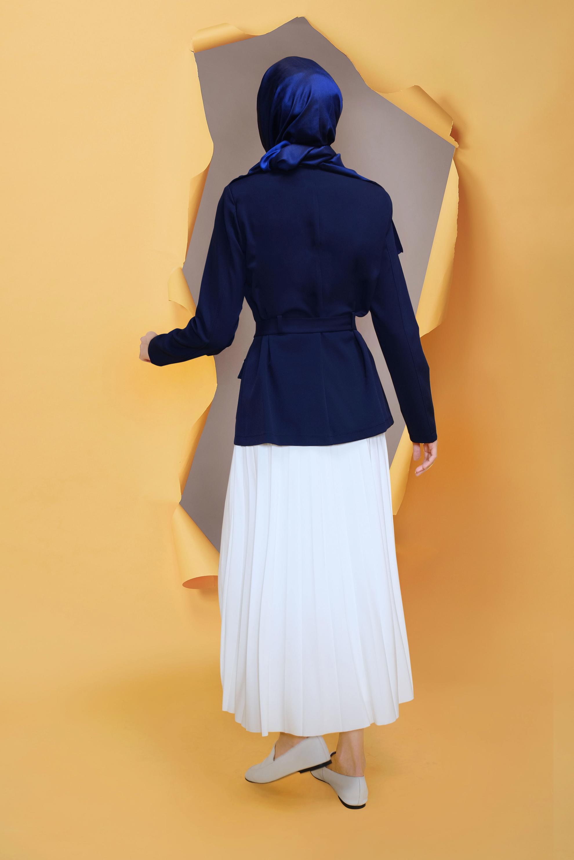 Tesettür giyim LACİVERT YUVARLAK YAKA KUŞAKLI CEKET 40762	