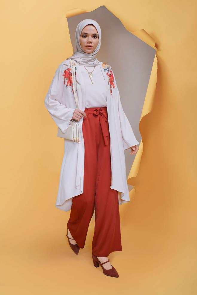 Hijab clothing BEIGE STONE PRINTED ASYMMETRIC CUT FLORAL JACKET 40853  - ALVİNA