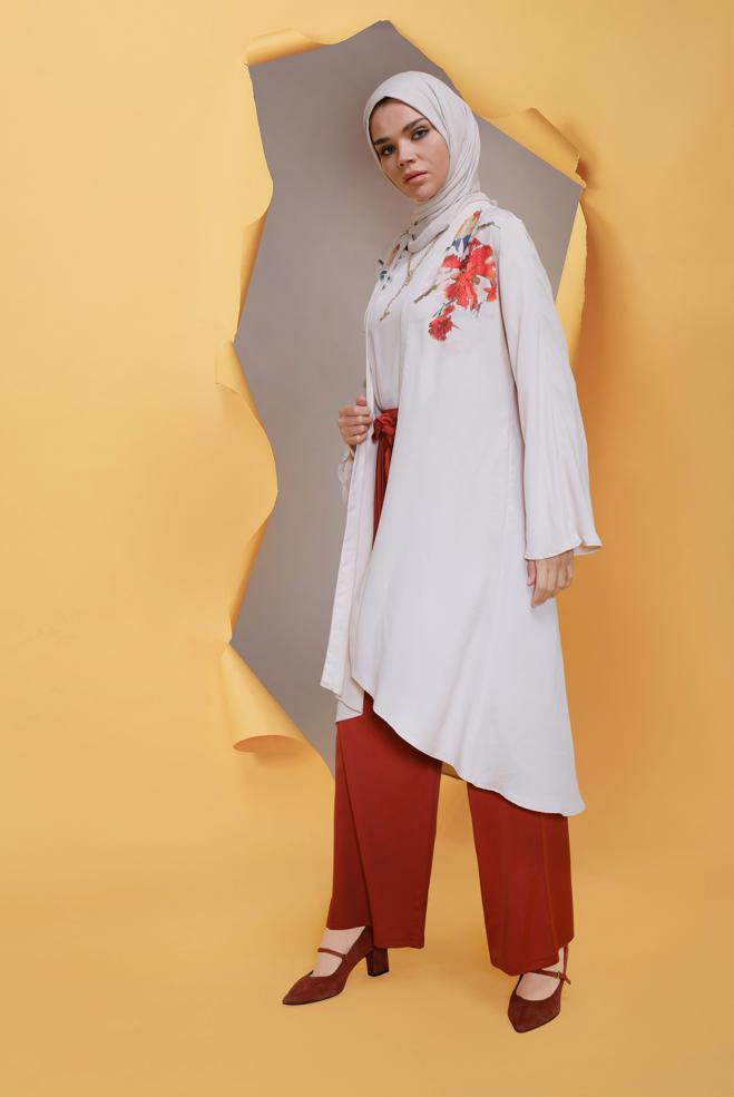 Hijab clothing BEIGE STONE PRINTED ASYMMETRIC CUT FLORAL JACKET 40853  - ALVİNA