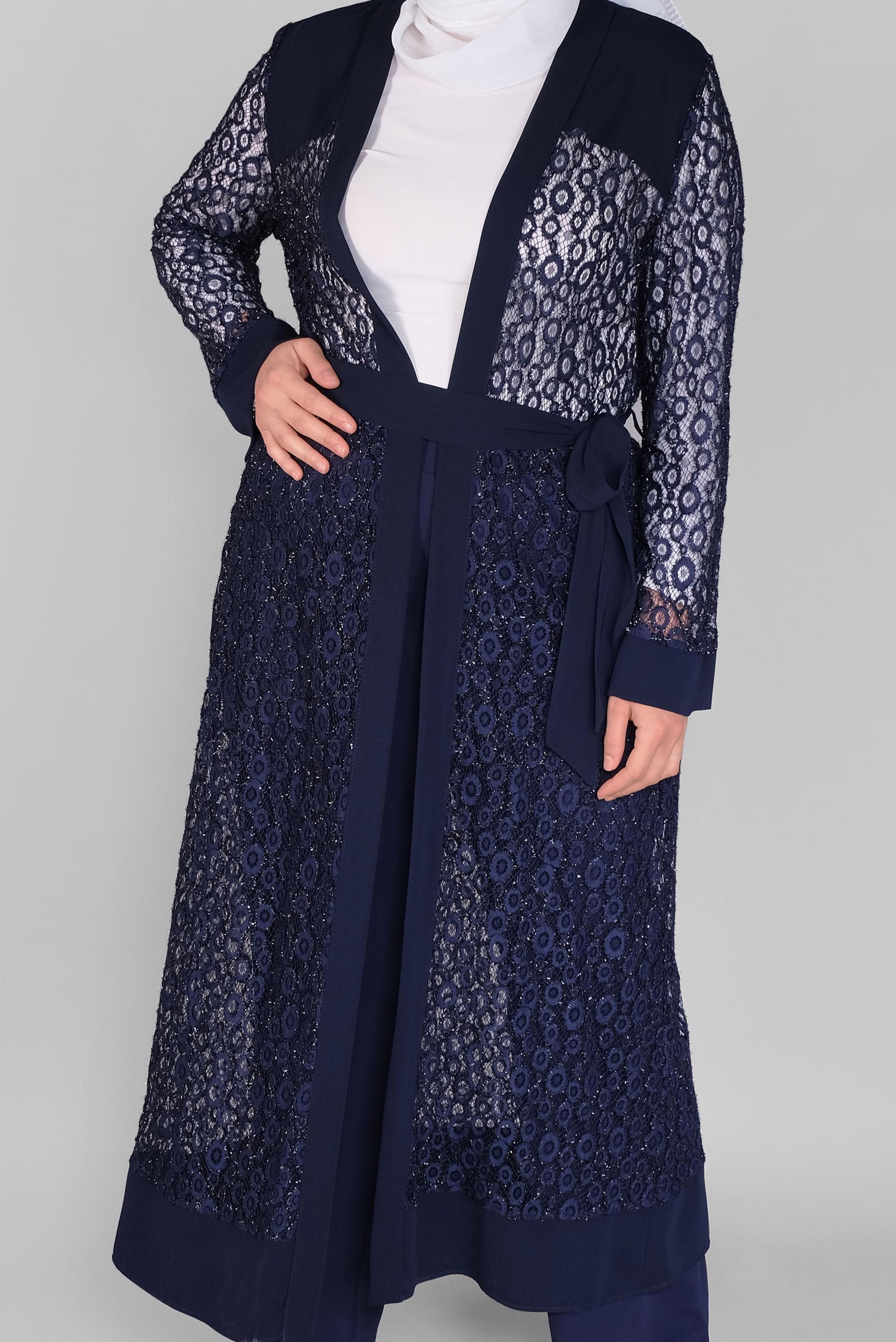 Tesettür giyim LACİVERT DANTELLİ SİMLİ KUŞAKLI CEKET 40884 