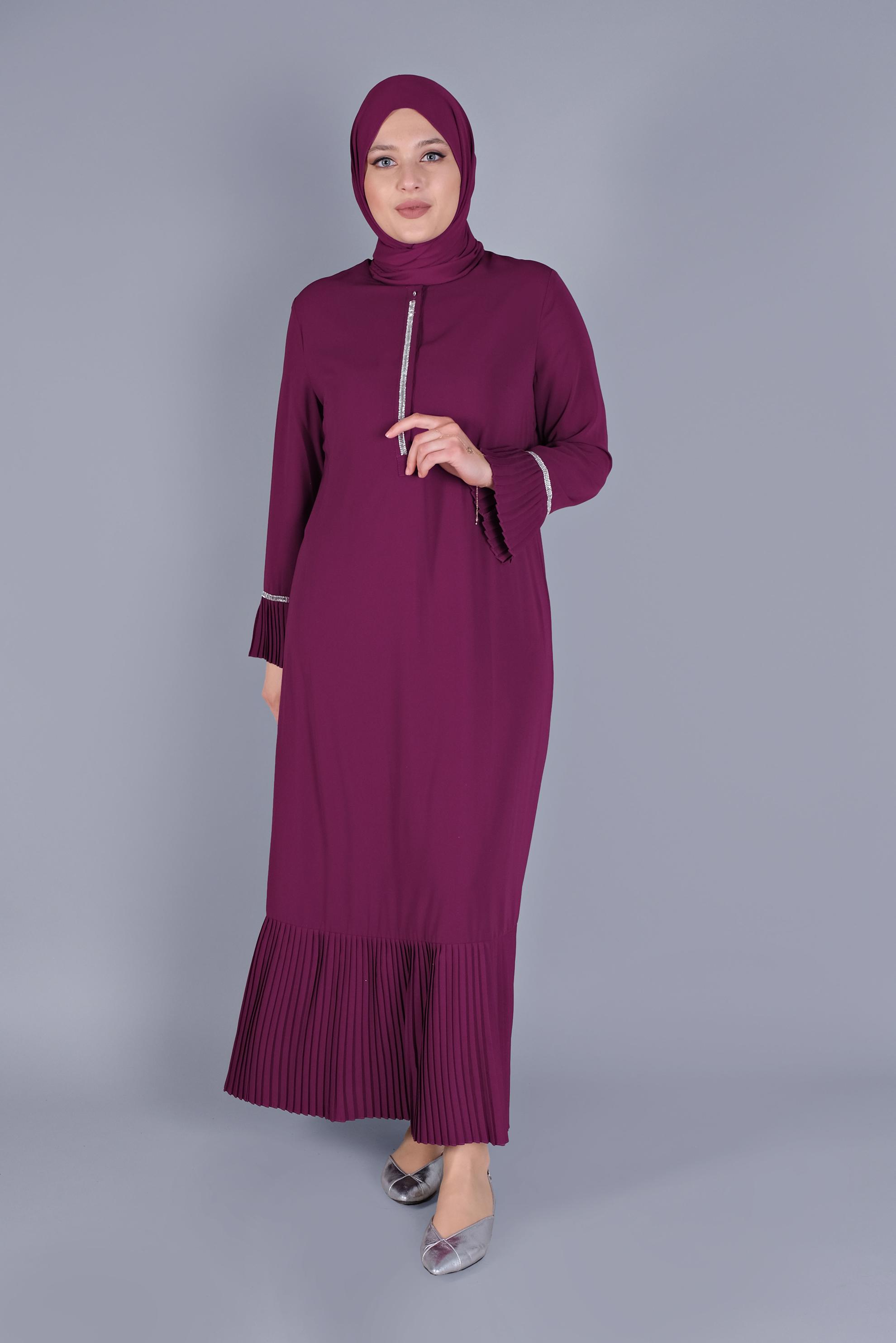 Hijab clothing FUCHSIA PLEATED STONE PRINTED DRESS 20059 