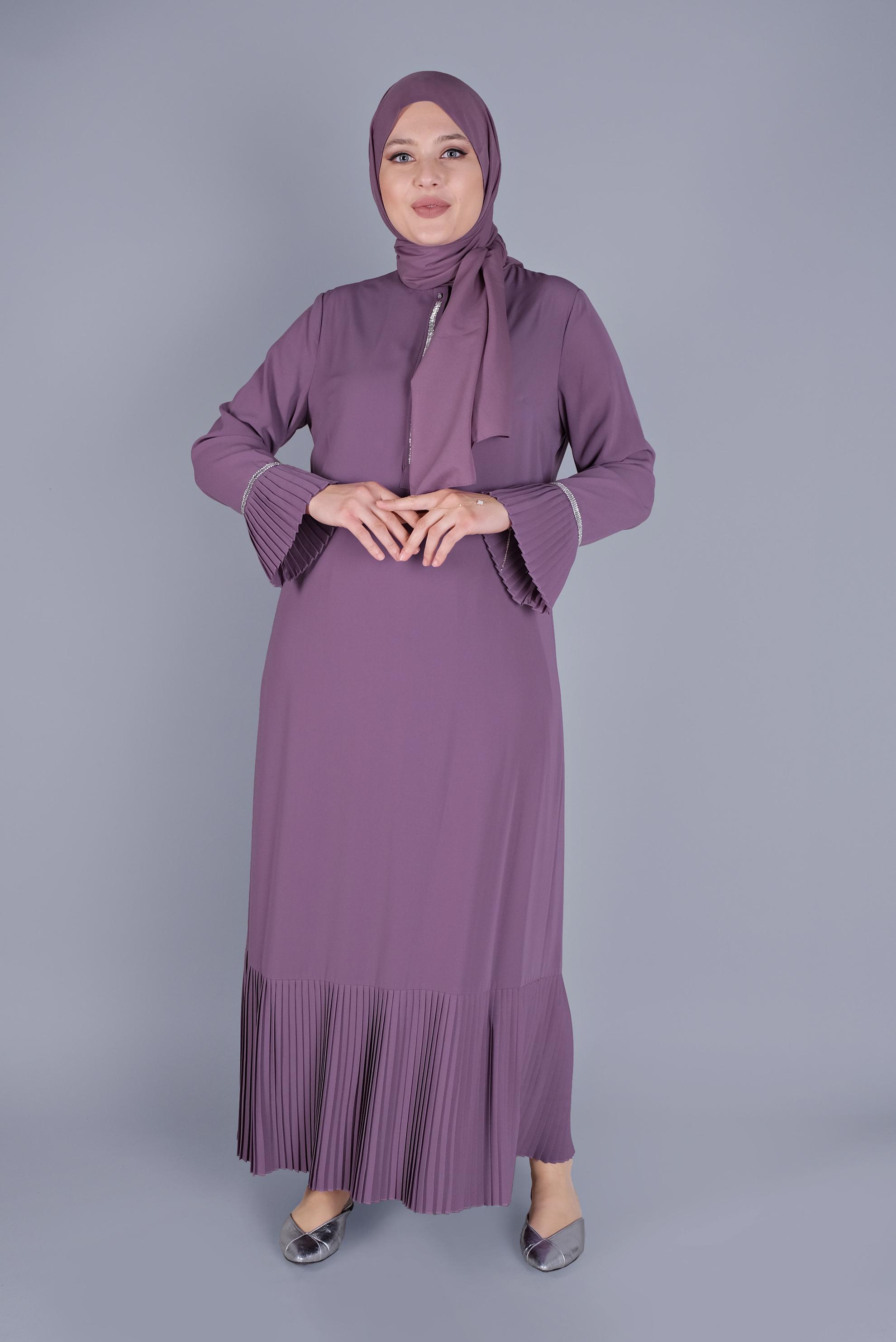 Hijab clothing PURPLE PLEATED STONE PRINTED DRESS 20059 