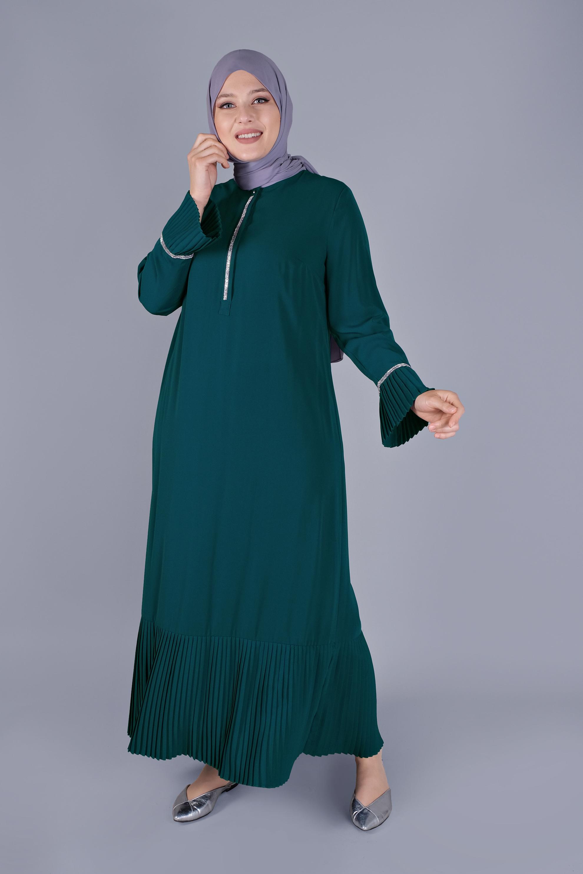 Hijab clothing GREEN PLEATED STONE PRINTED DRESS 20059 