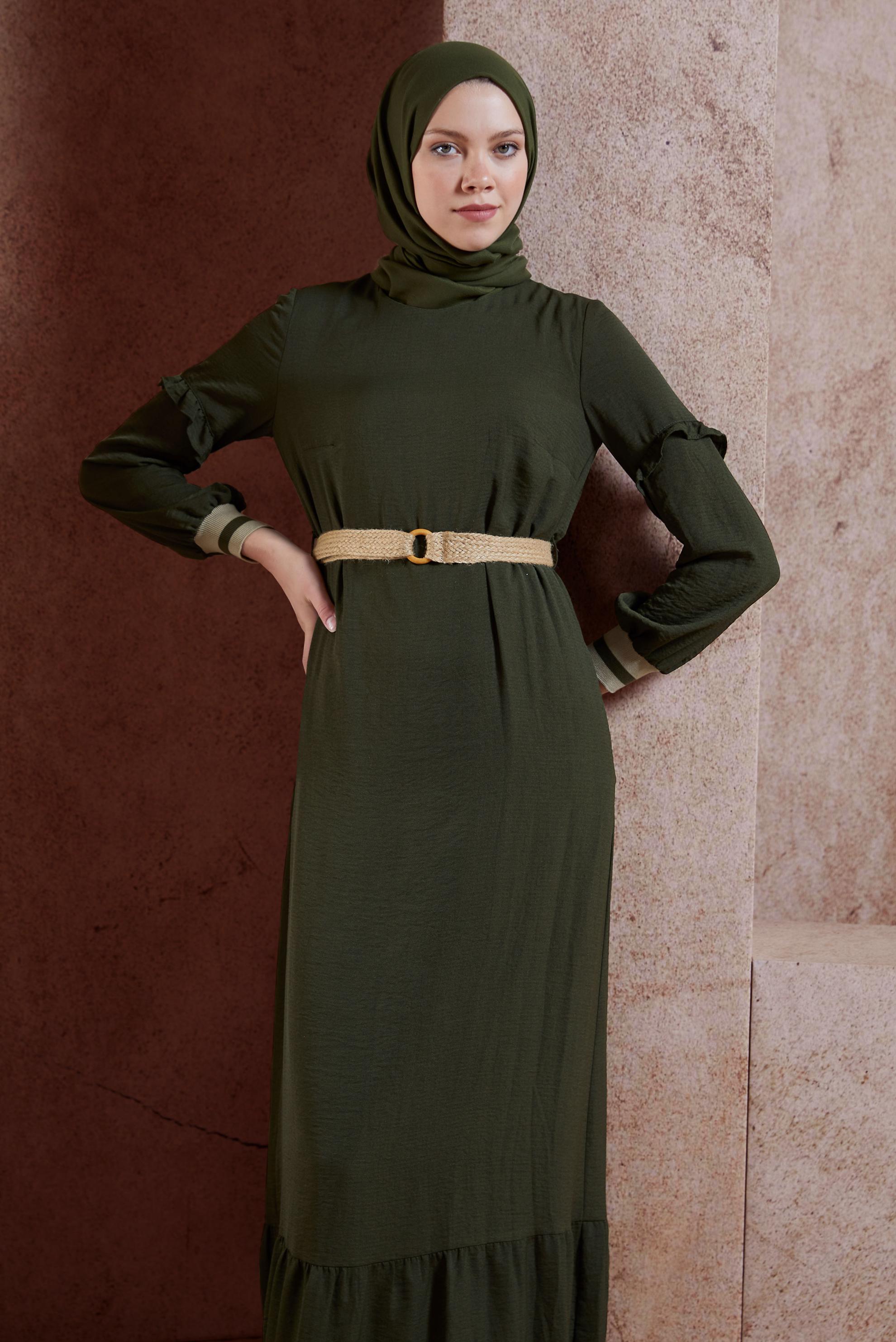 Tesettür giyim HAKİ VOLAN DETAYLI TESETTÜR ELBİSE 40464-1