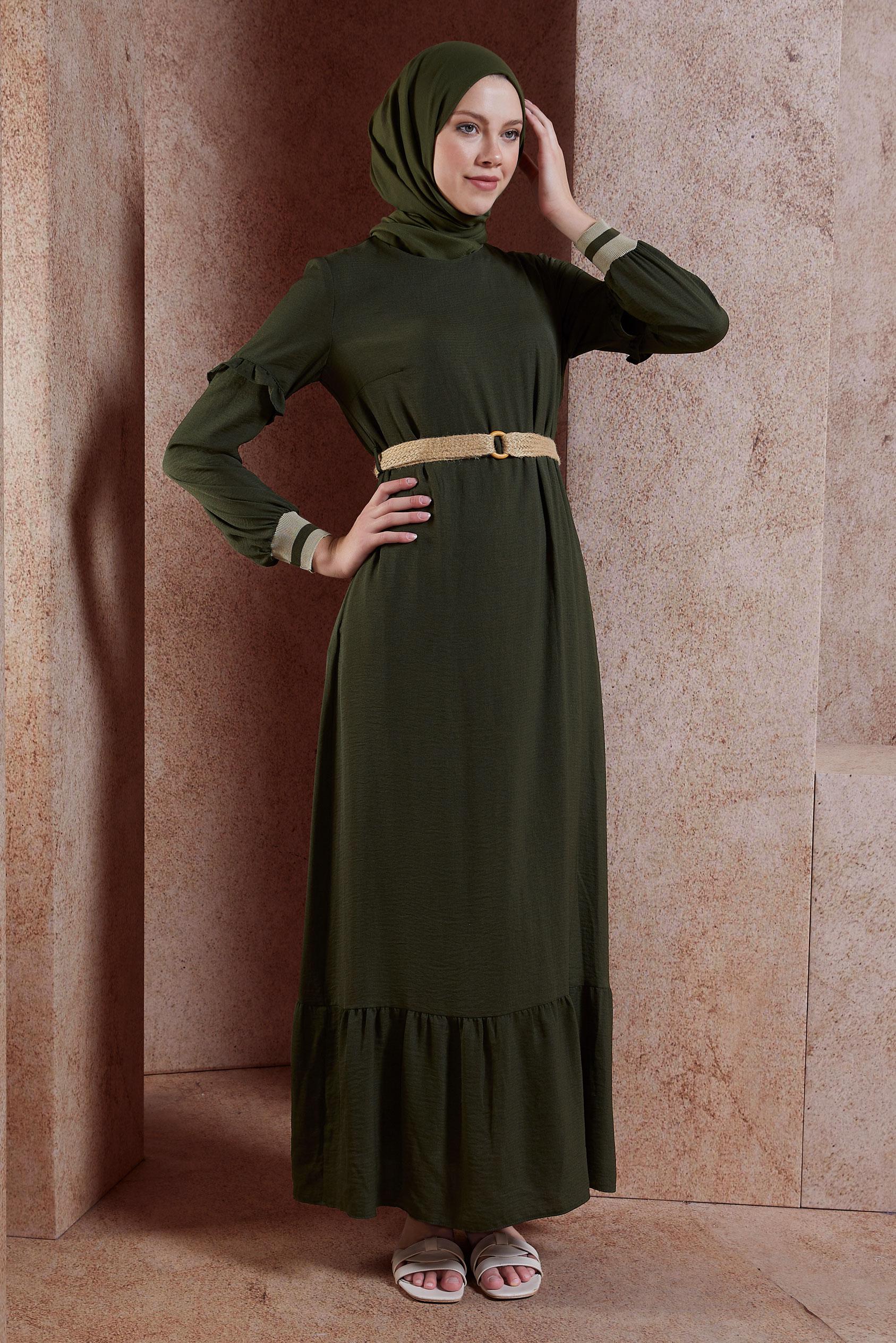 Tesettür giyim HAKİ VOLAN DETAYLI TESETTÜR ELBİSE 40464-1