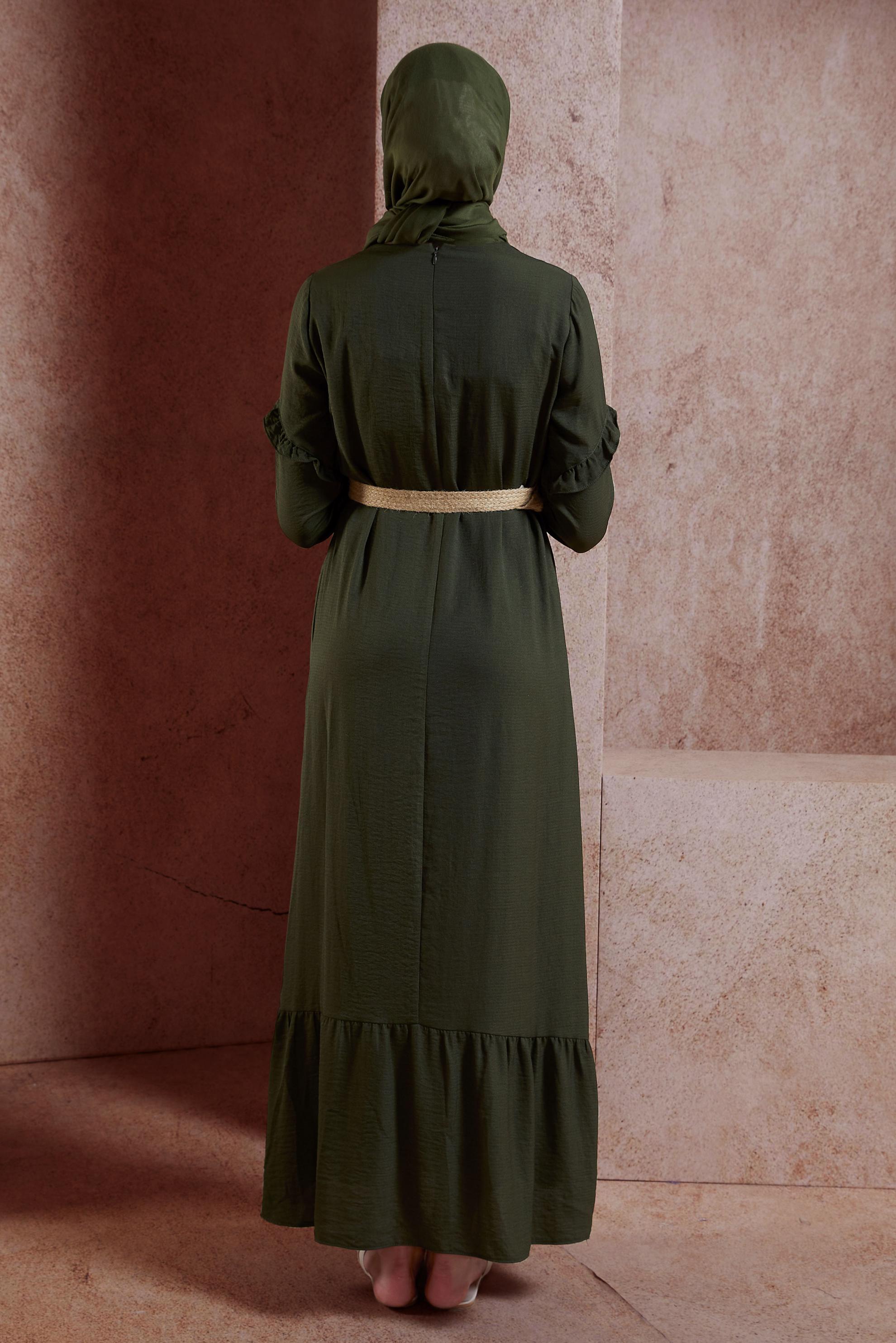 Tesettür giyim HAKİ VOLAN DETAYLI TESETTÜR ELBİSE 40464-1