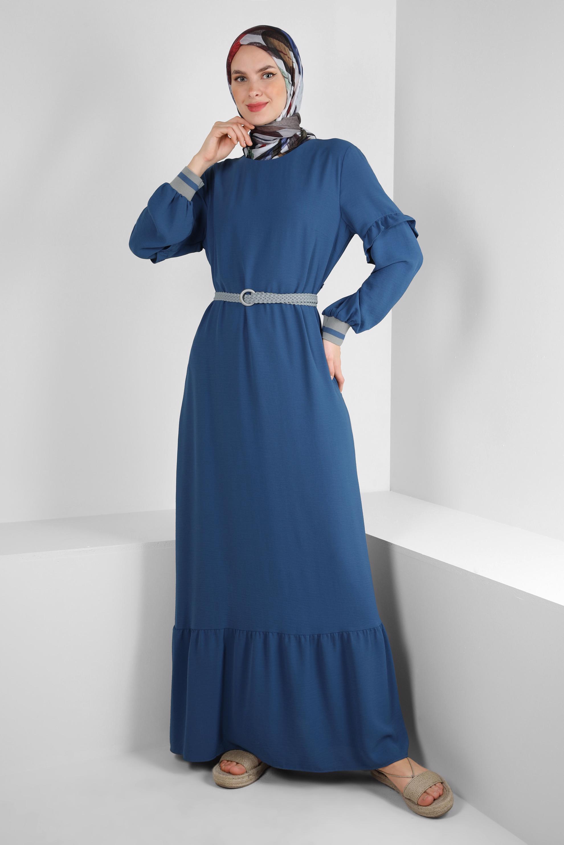 Tesettür giyim LACİVERT MANŞETLERİ LASTİKLİ FIRFIRLI ELBİSE 40464