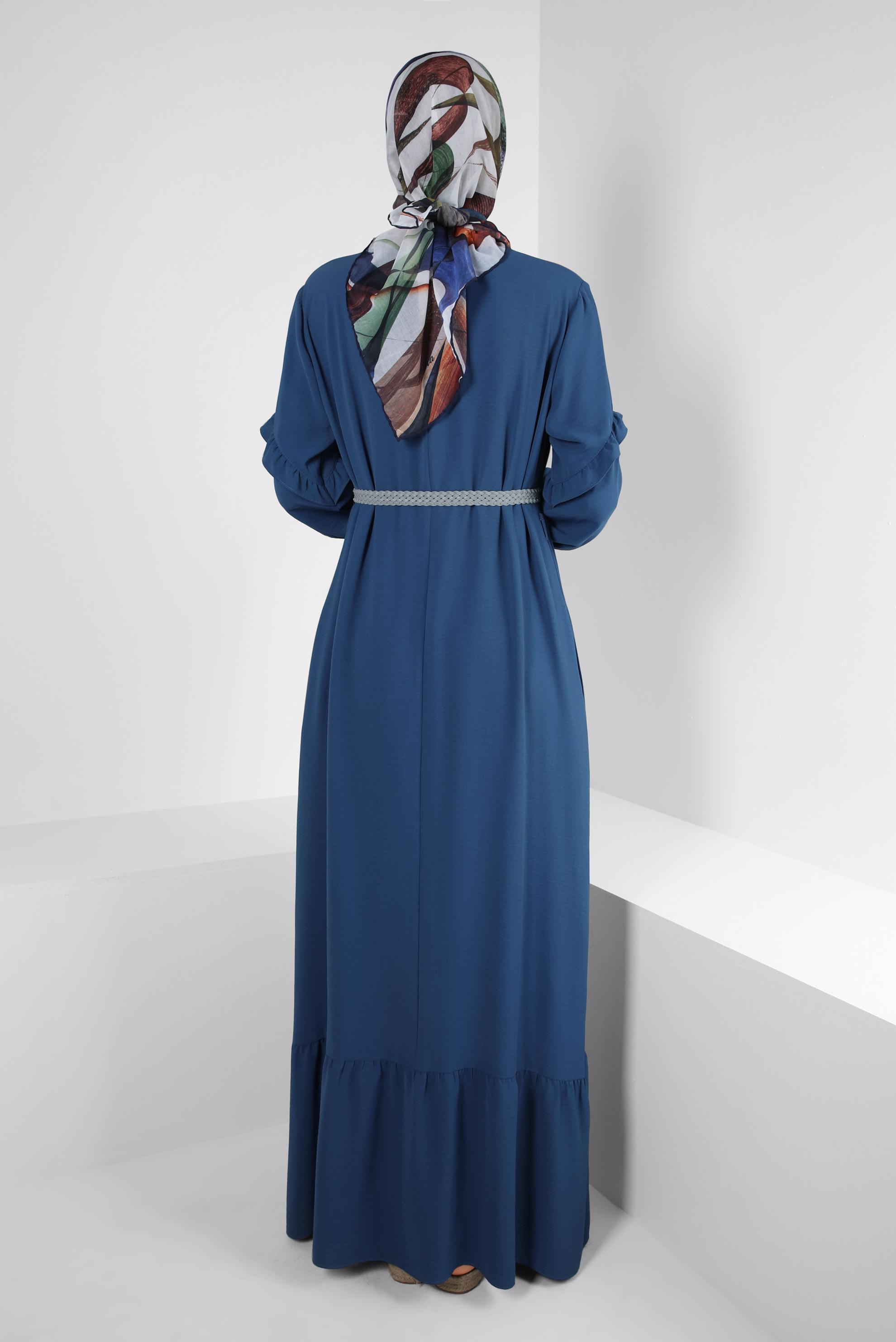 Tesettür giyim LACİVERT MANŞETLERİ LASTİKLİ FIRFIRLI ELBİSE 40464