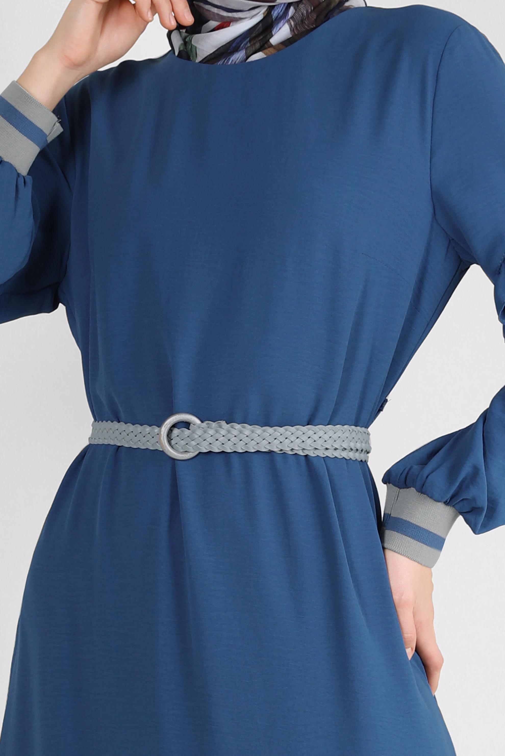 Tesettür giyim LACİVERT MANŞETLERİ LASTİKLİ FIRFIRLI ELBİSE 40464