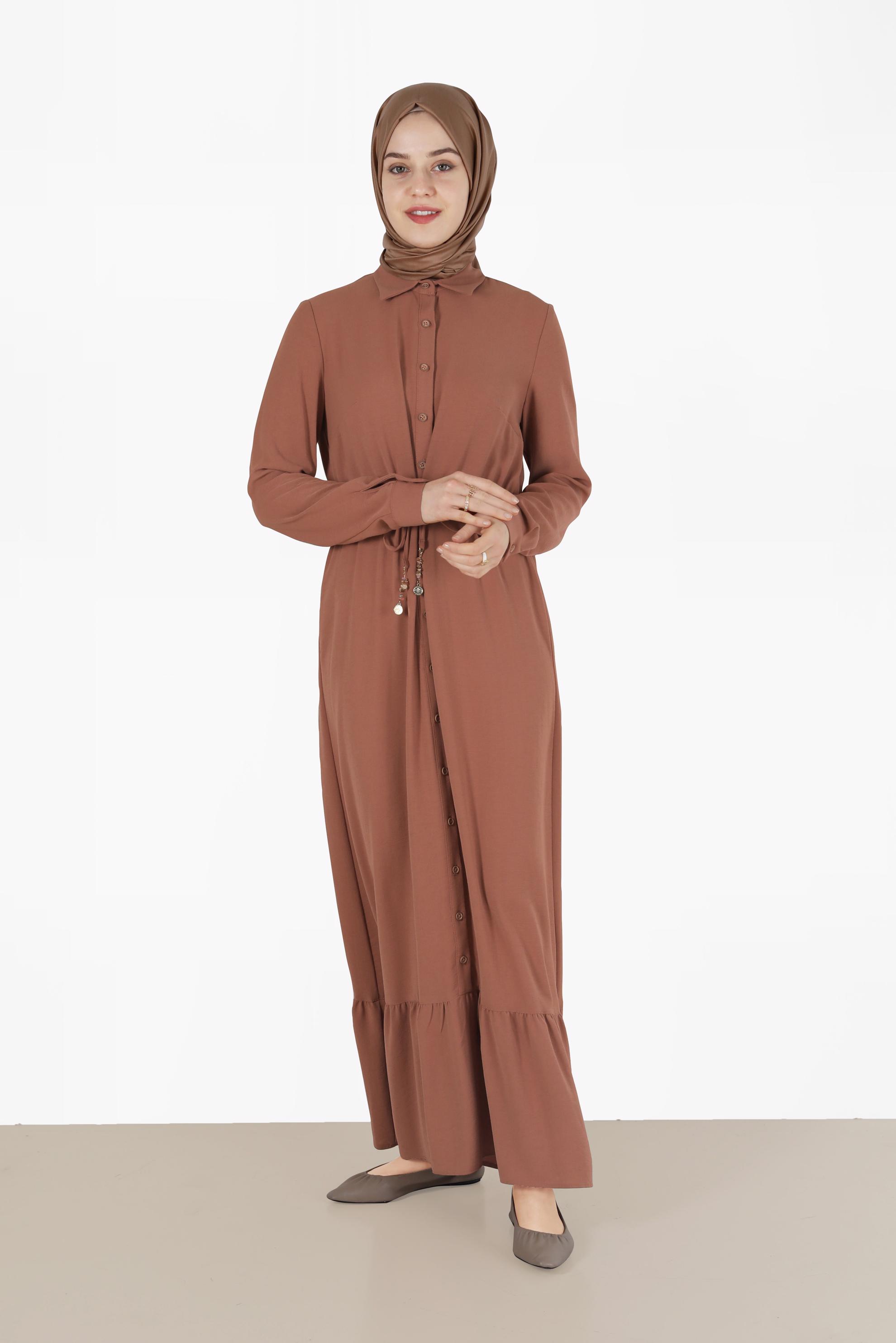 Tesettür giyim TABA BELİ BÜZGÜLÜ DÜĞMELİ KETEN ELBİSE 40523