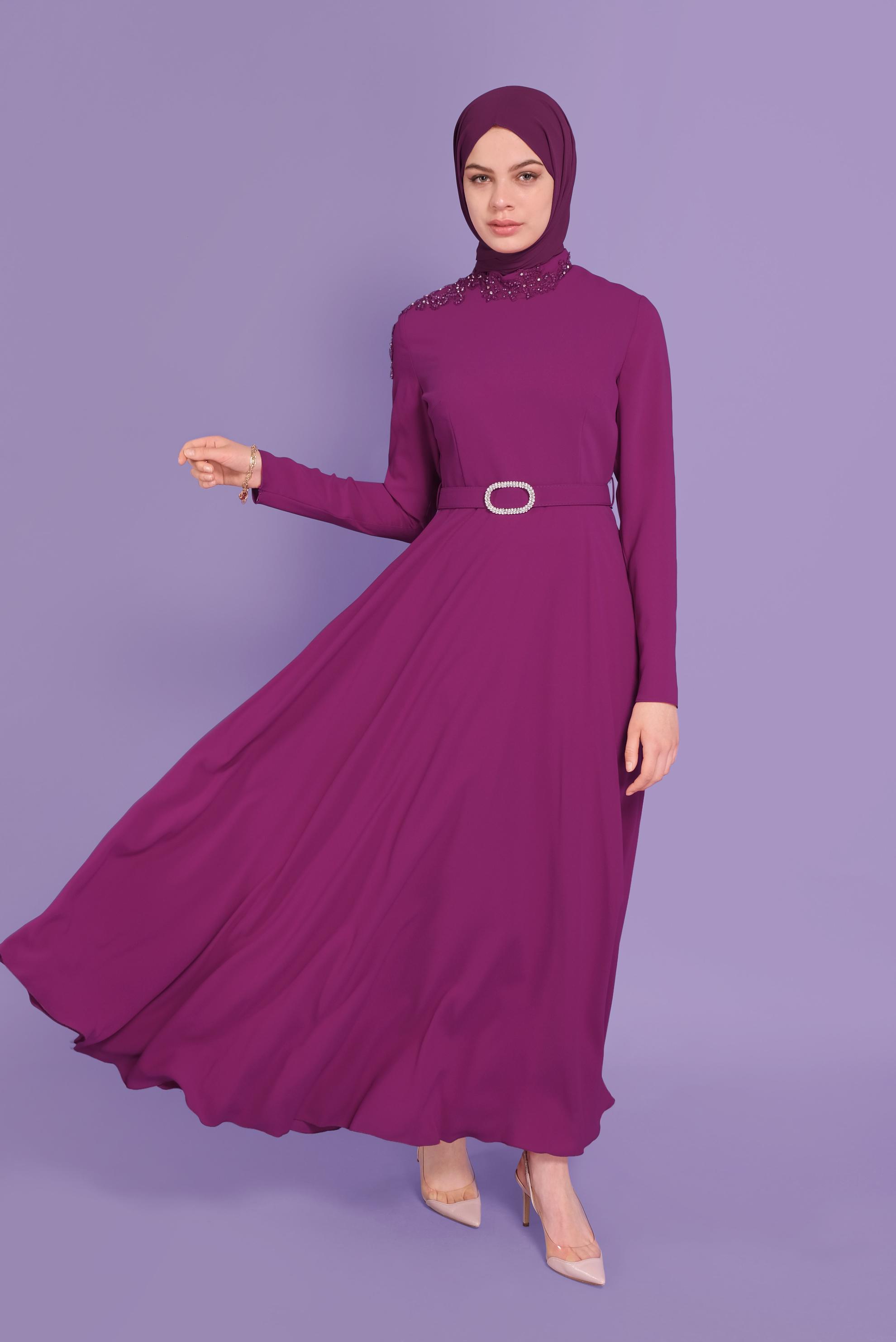 Tesettür giyim FUŞYA BONCUK VE TAŞ İŞLEME DETAYLI ELBİSE 40585
