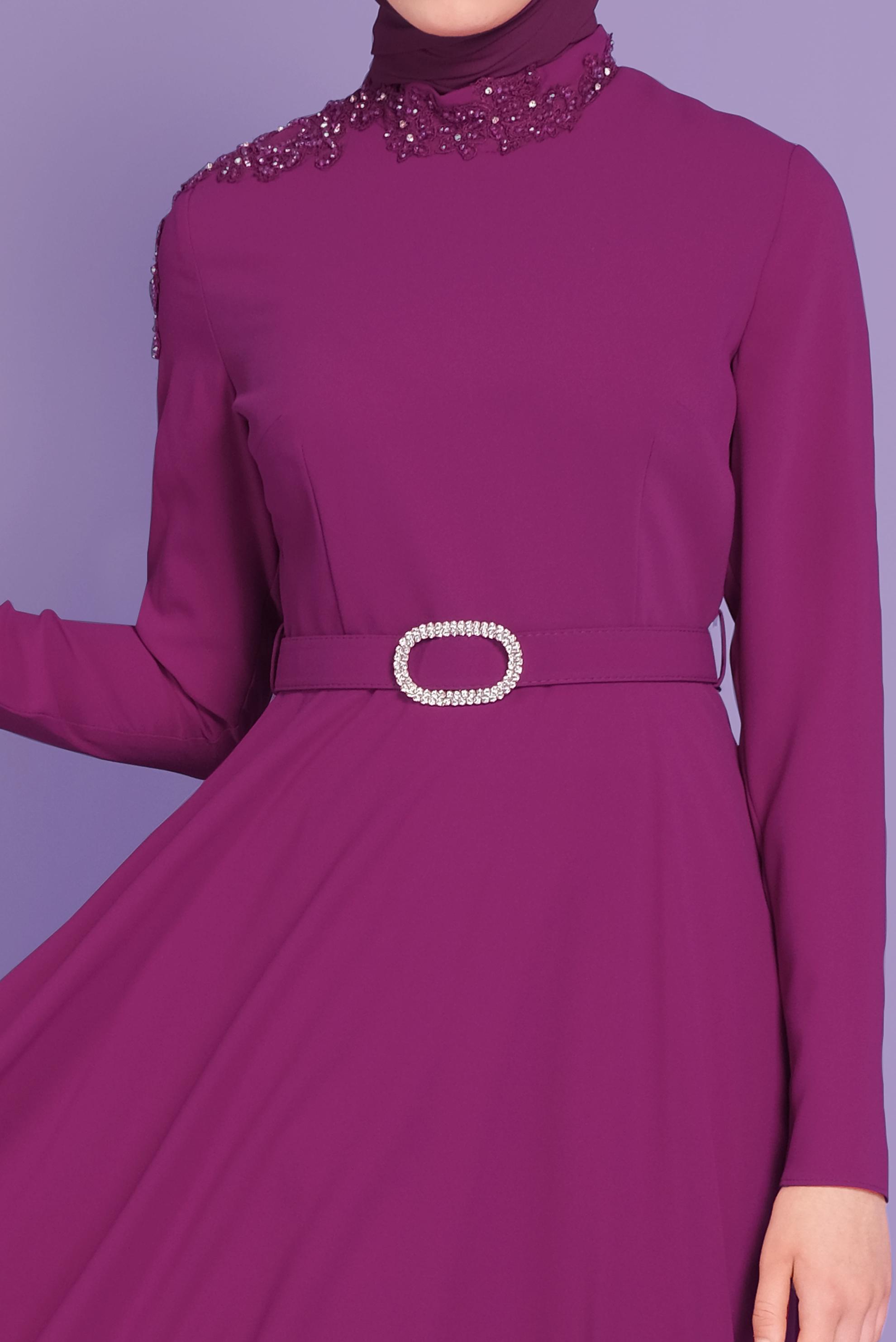 Tesettür giyim FUŞYA BONCUK VE TAŞ İŞLEME DETAYLI ELBİSE 40585