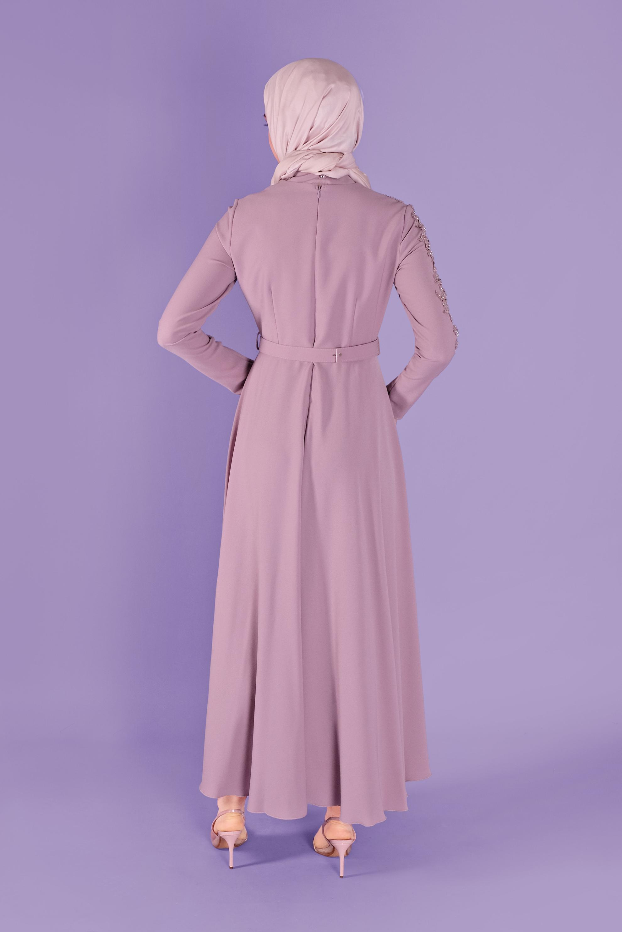 Tesettür giyim PUDRA BONCUK VE TAŞ İŞLEME DETAYLI ELBİSE 40585