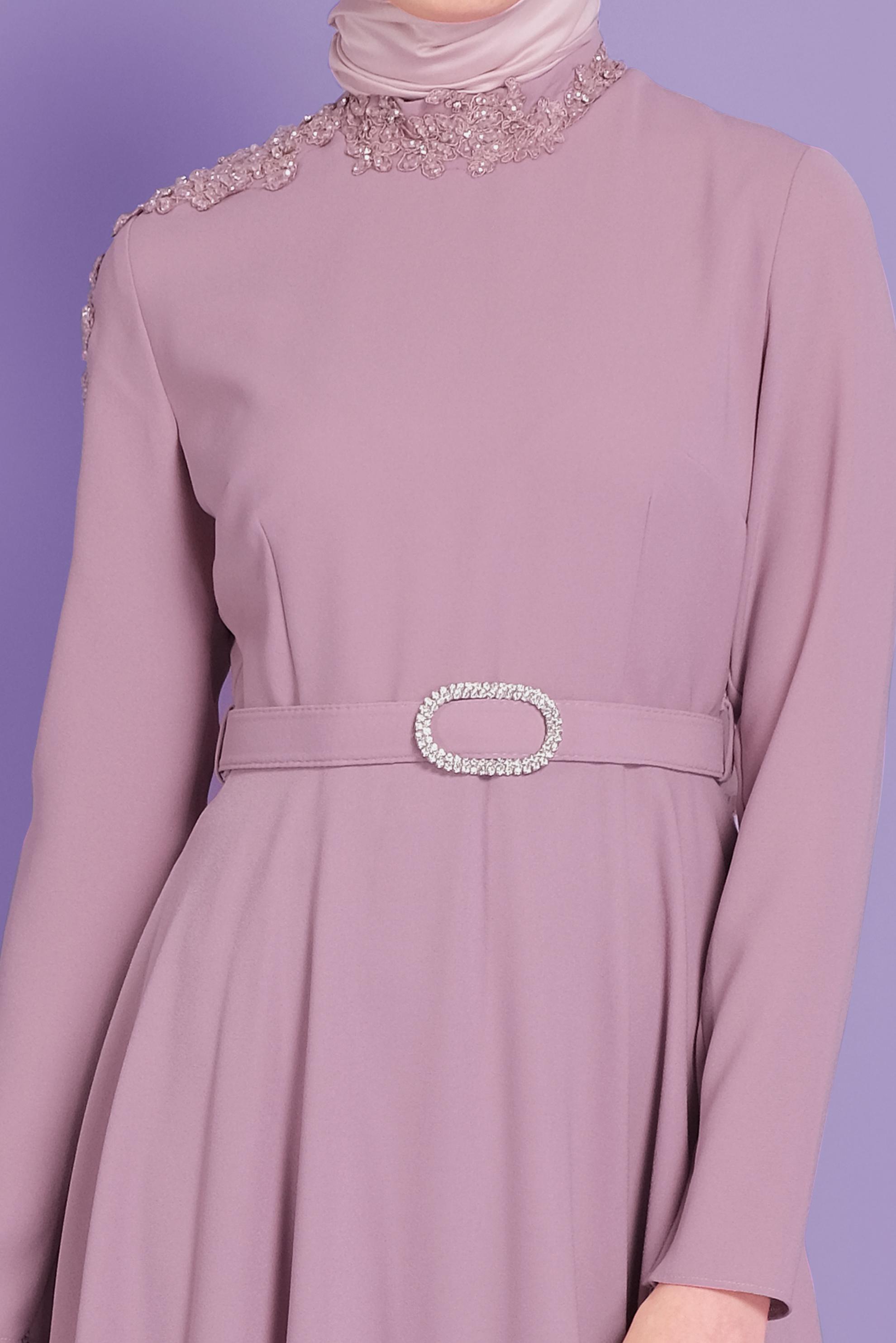 Tesettür giyim PUDRA BONCUK VE TAŞ İŞLEME DETAYLI ELBİSE 40585