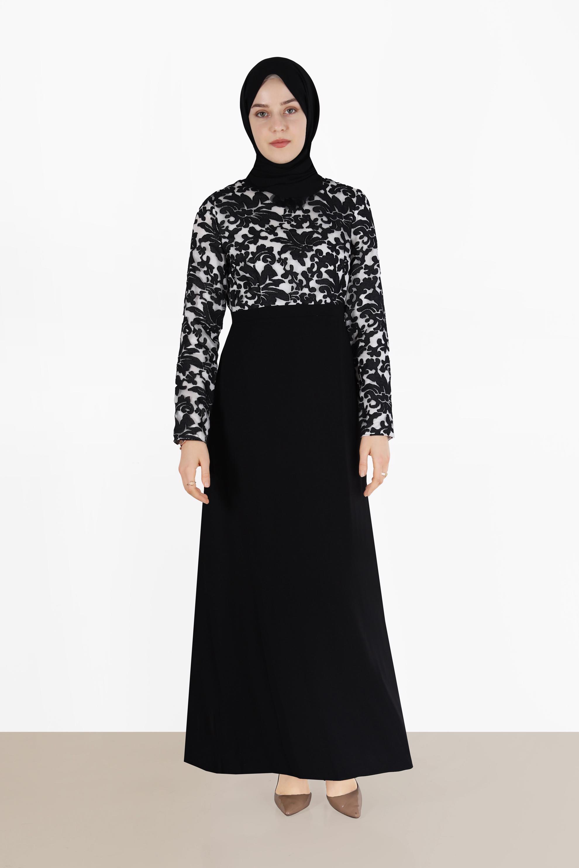 Tesettür giyim SİYAH ÇİÇEK DESENLİ ELBİSE 40598