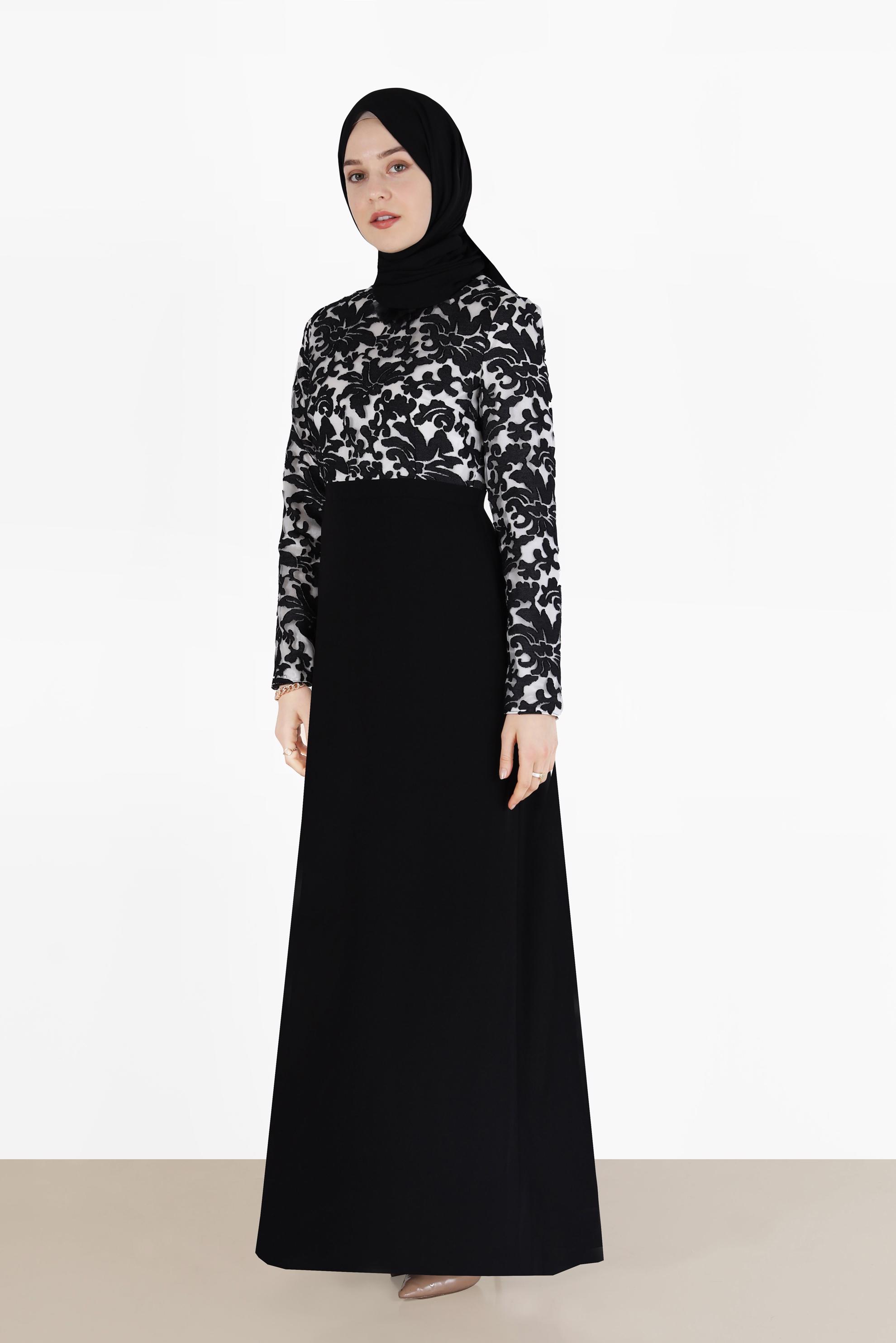 Tesettür giyim SİYAH ÇİÇEK DESENLİ ELBİSE 40598