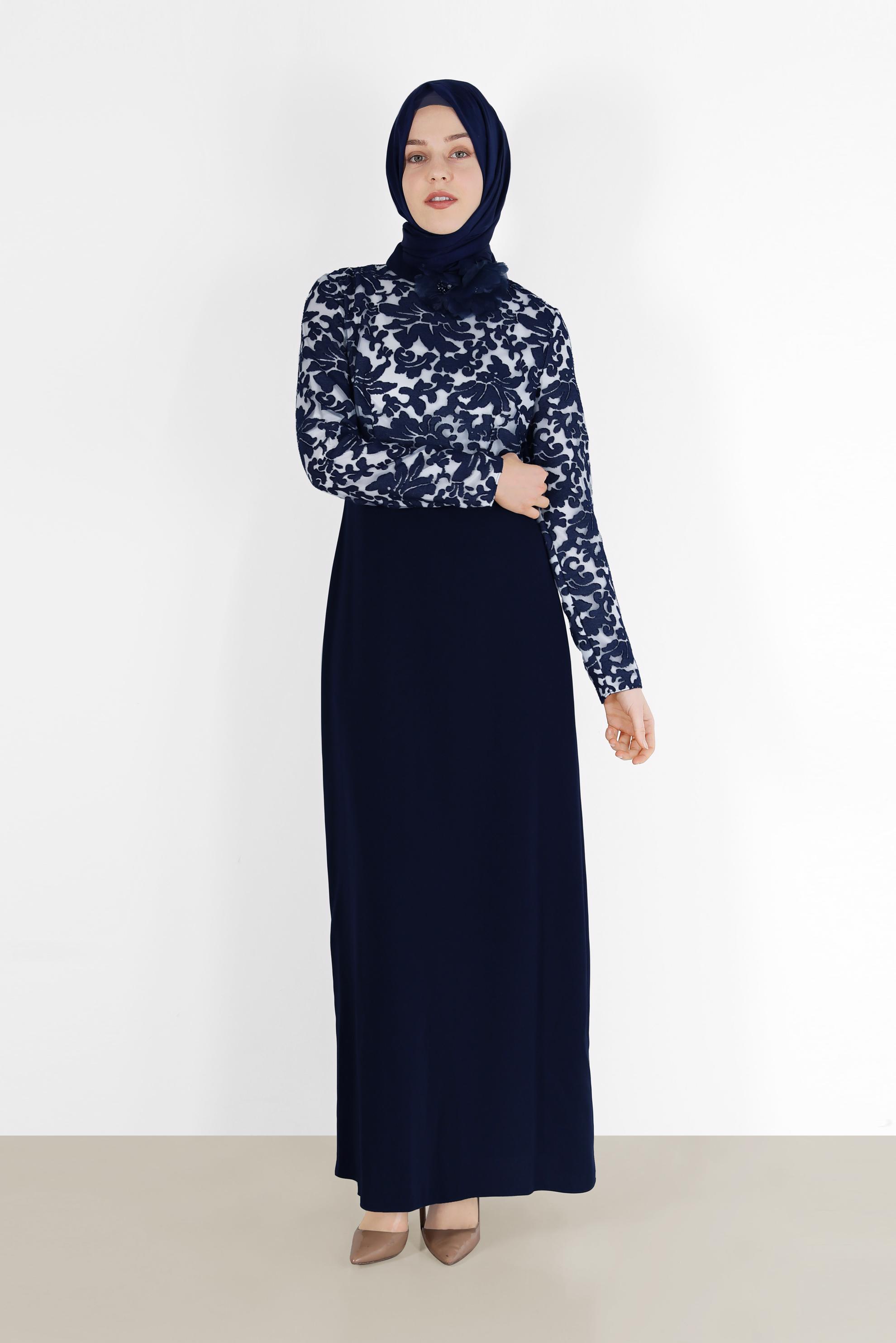 Tesettür giyim LACİVERT ÇİÇEK DESENLİ ELBİSE 40598