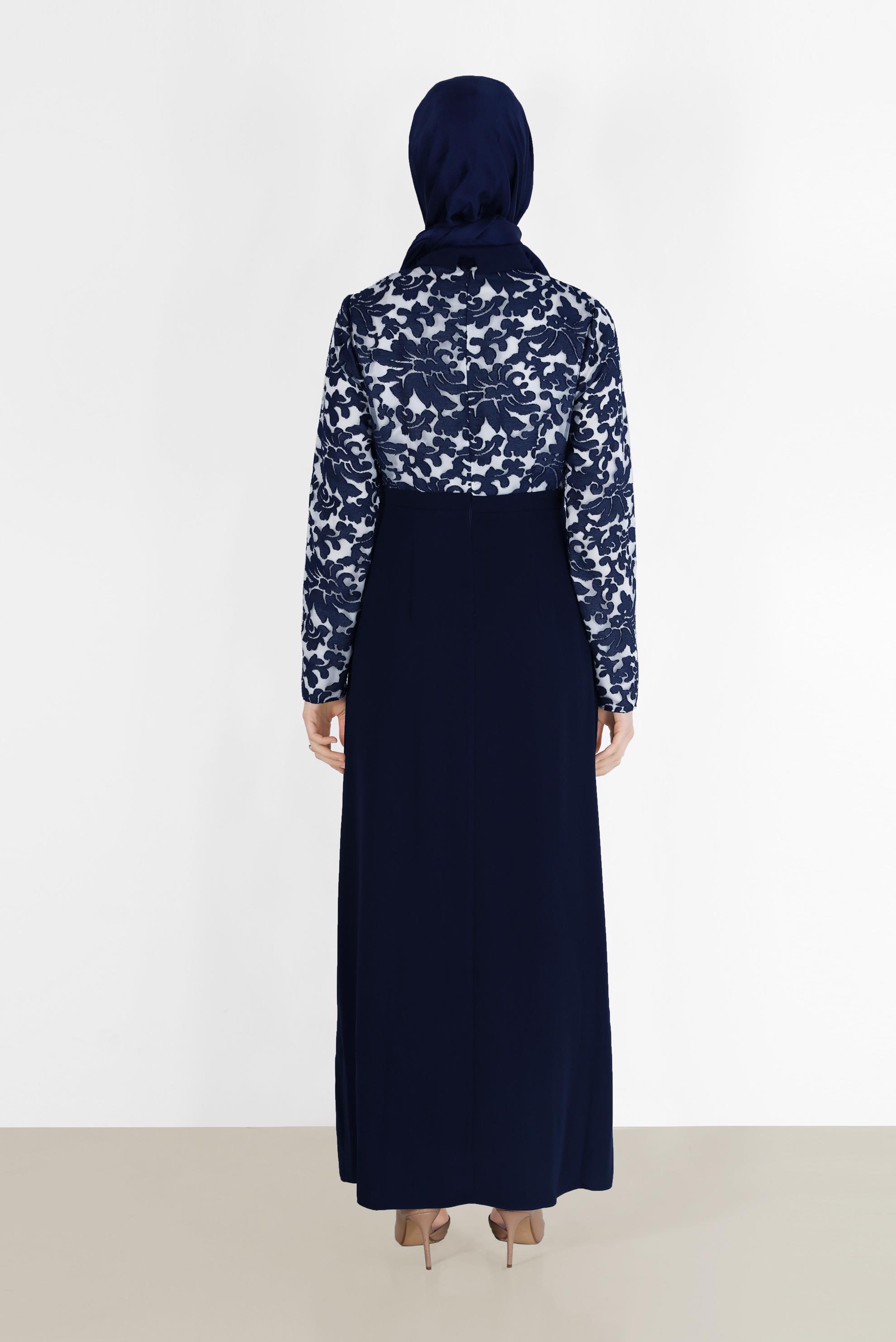 Tesettür giyim LACİVERT ÇİÇEK DESENLİ ELBİSE 40598
