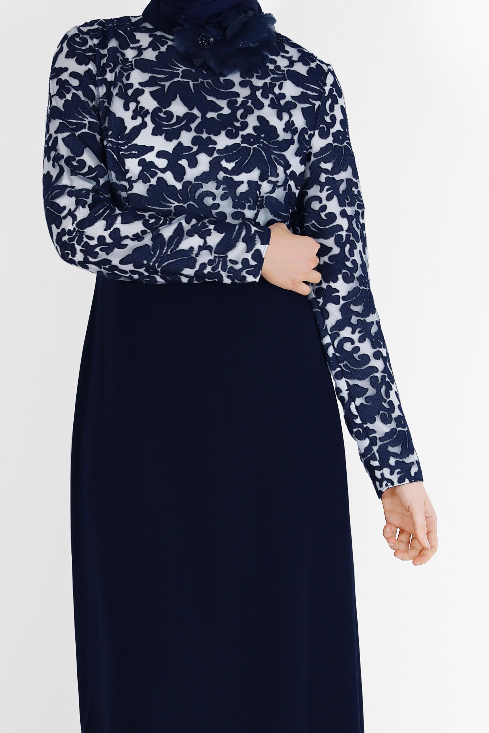 Tesettür giyim LACİVERT ÇİÇEK DESENLİ ELBİSE 40598