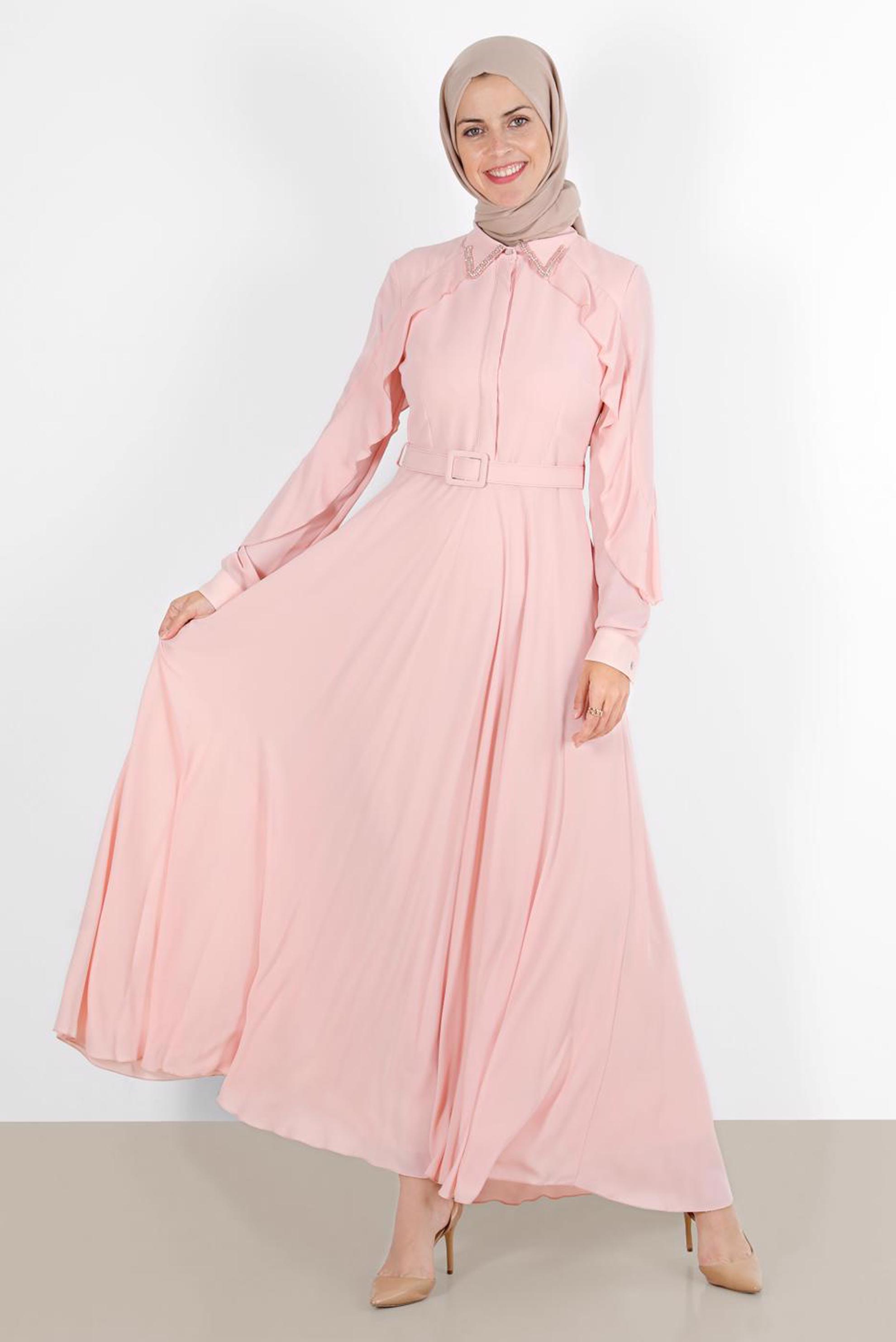 Tesettür giyim PUDRA YAKASI BONCUK İŞLEMELİ ELBİSE 40649