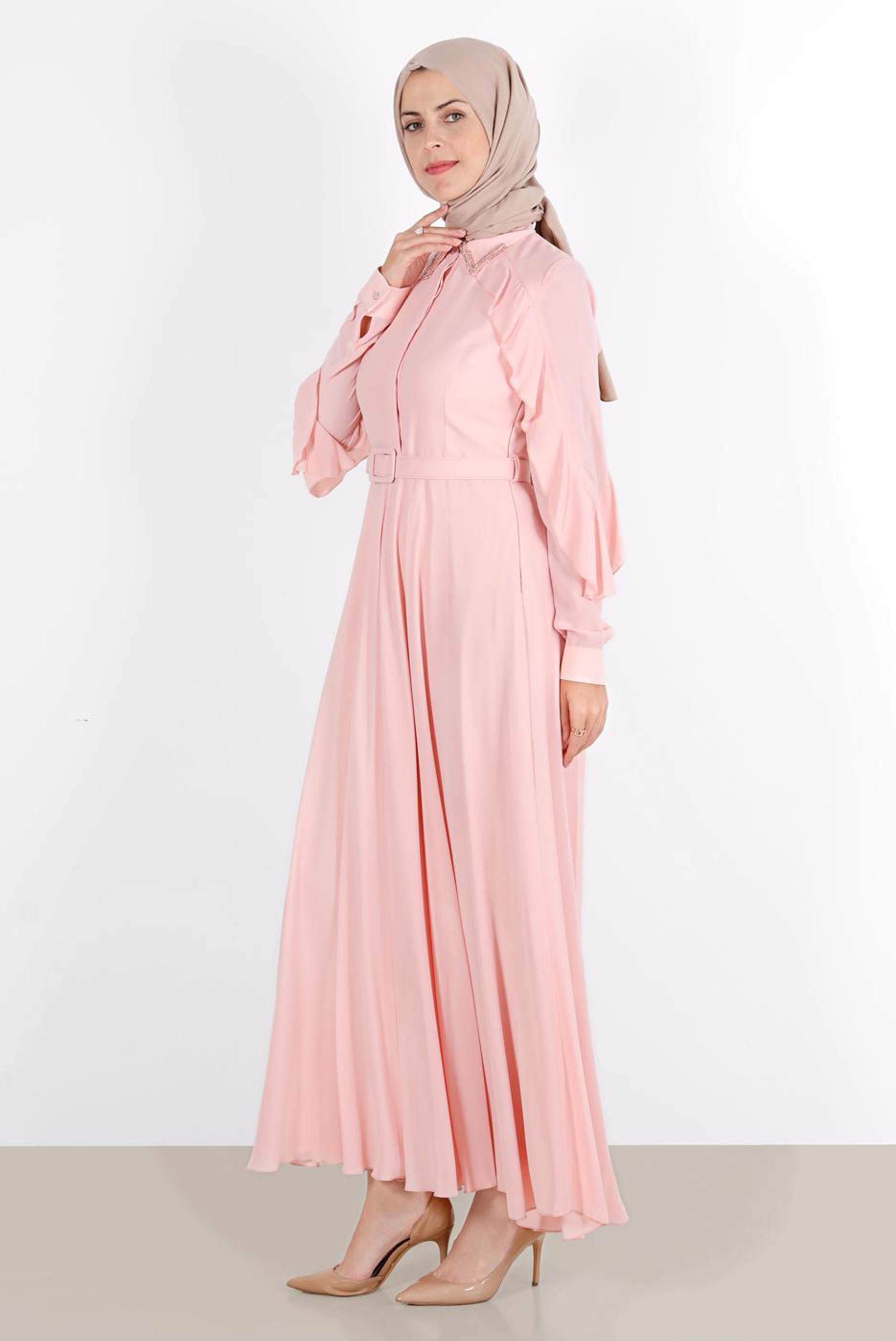 Tesettür giyim PUDRA YAKASI BONCUK İŞLEMELİ ELBİSE 40649
