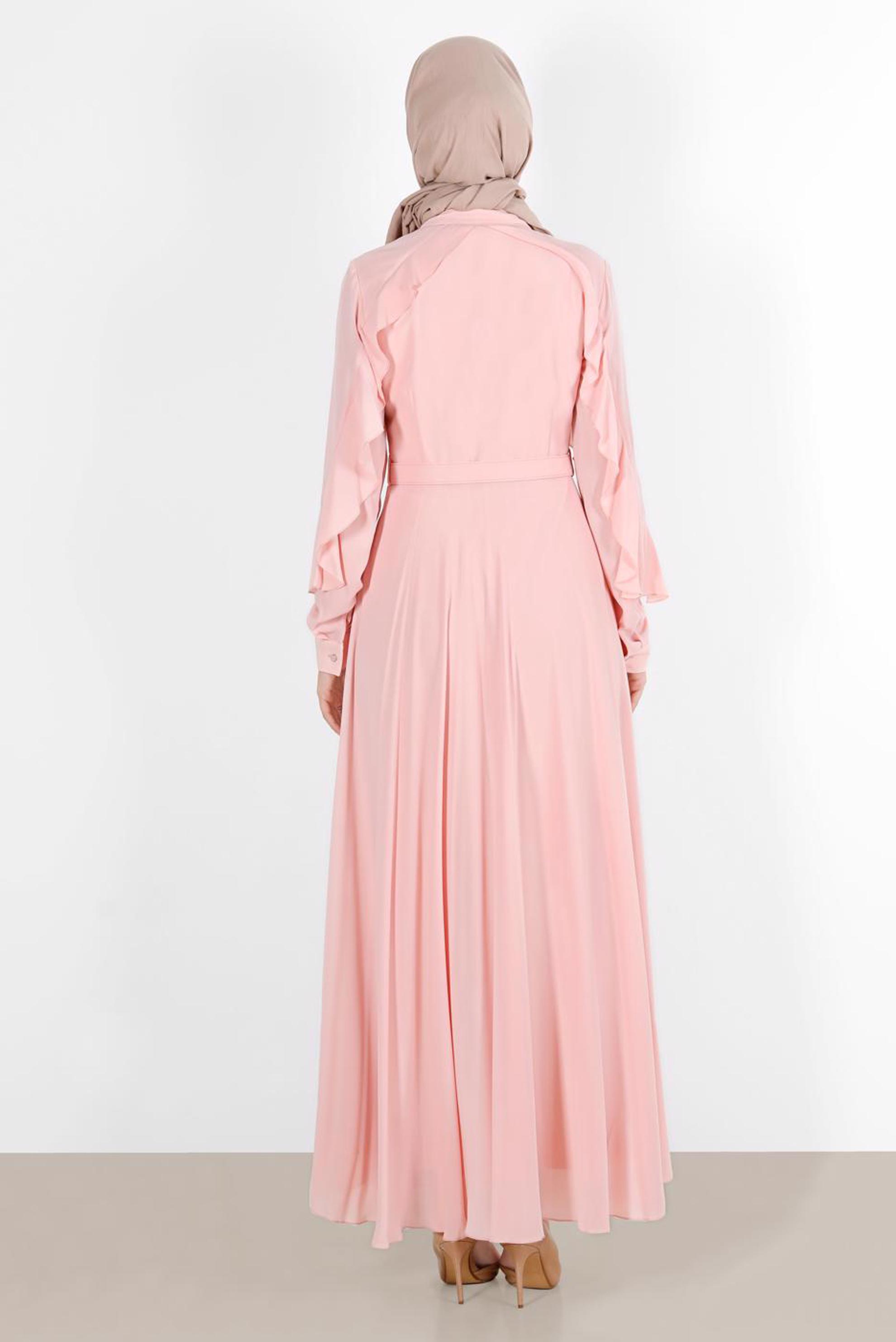 Tesettür giyim PUDRA YAKASI BONCUK İŞLEMELİ ELBİSE 40649